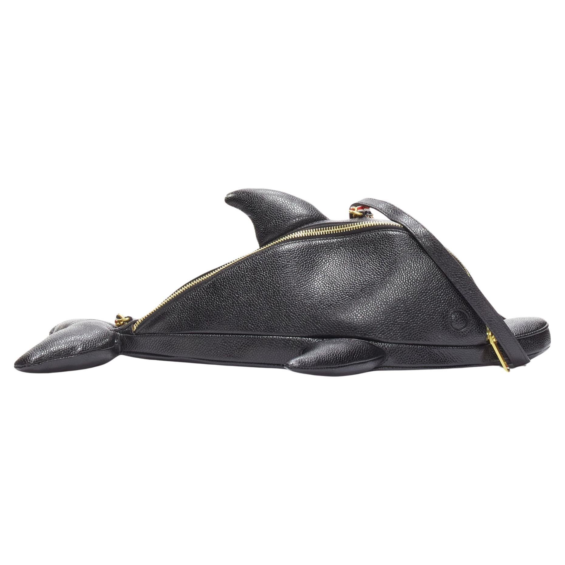 rare THOM BROWNE Mini Dolphin black pebbled leather crossbody bag For Sale