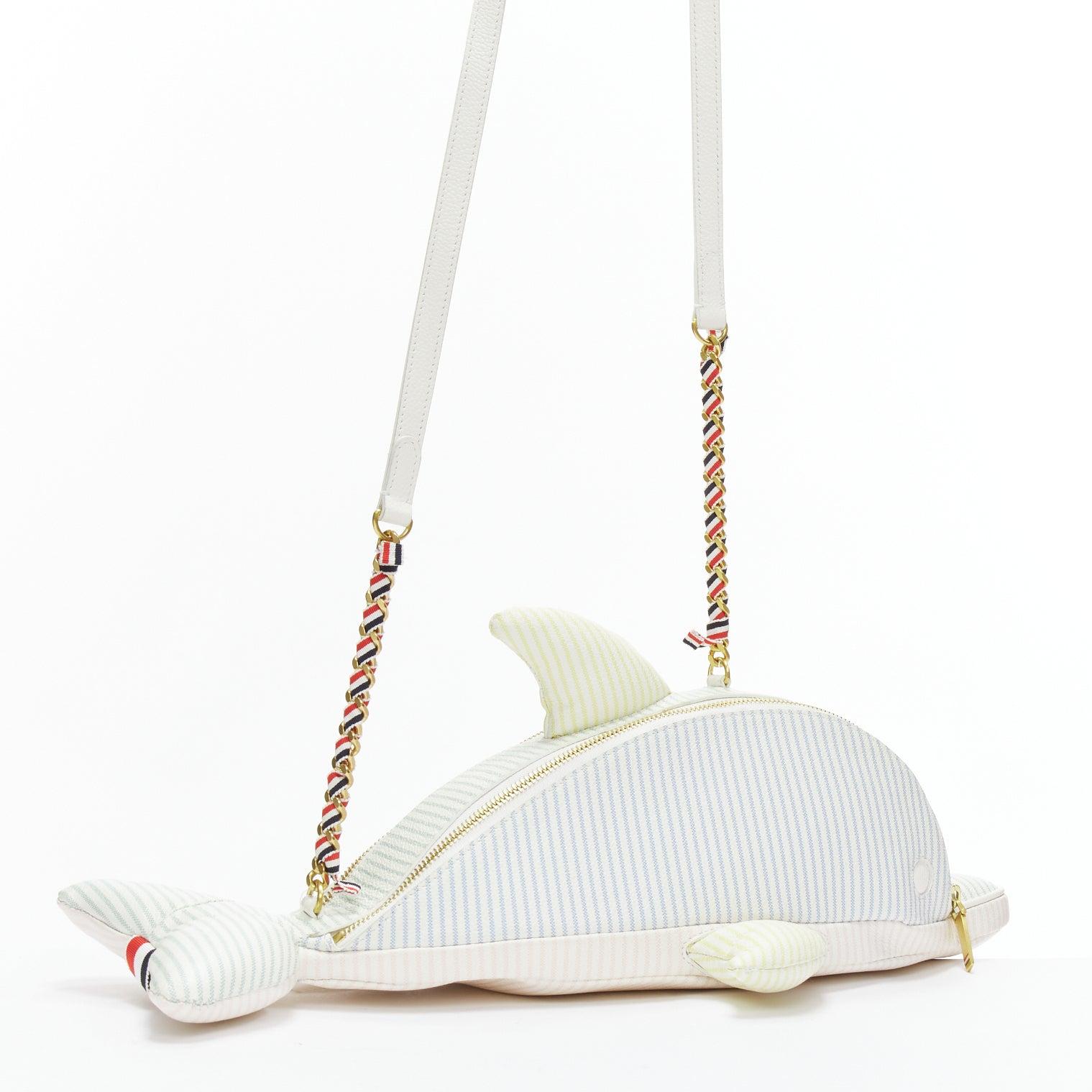 Gray rare THOM BROWNE Mini Dolphin pastel striped leather crossbody bag For Sale
