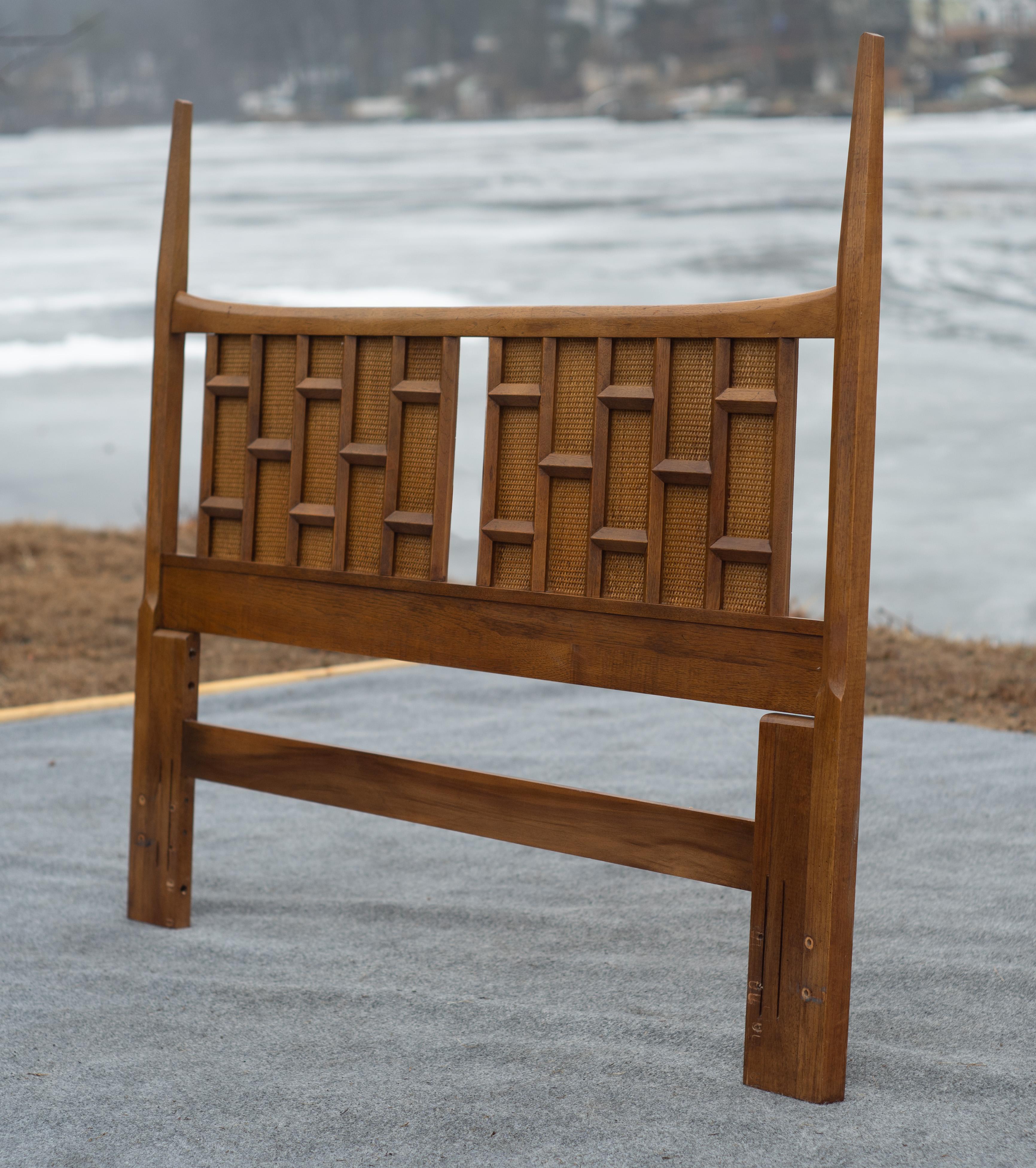 Mid-Century Modern Rare Thomasville Carved Walnut & Cane Queen Size Headboard Dated 1966 For Sale