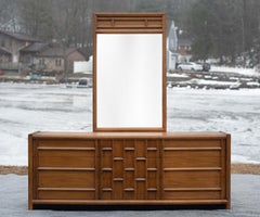 Rare Thomasville Carved Walnut Long Dresser & Mirror 9-Drawer Dated 1966