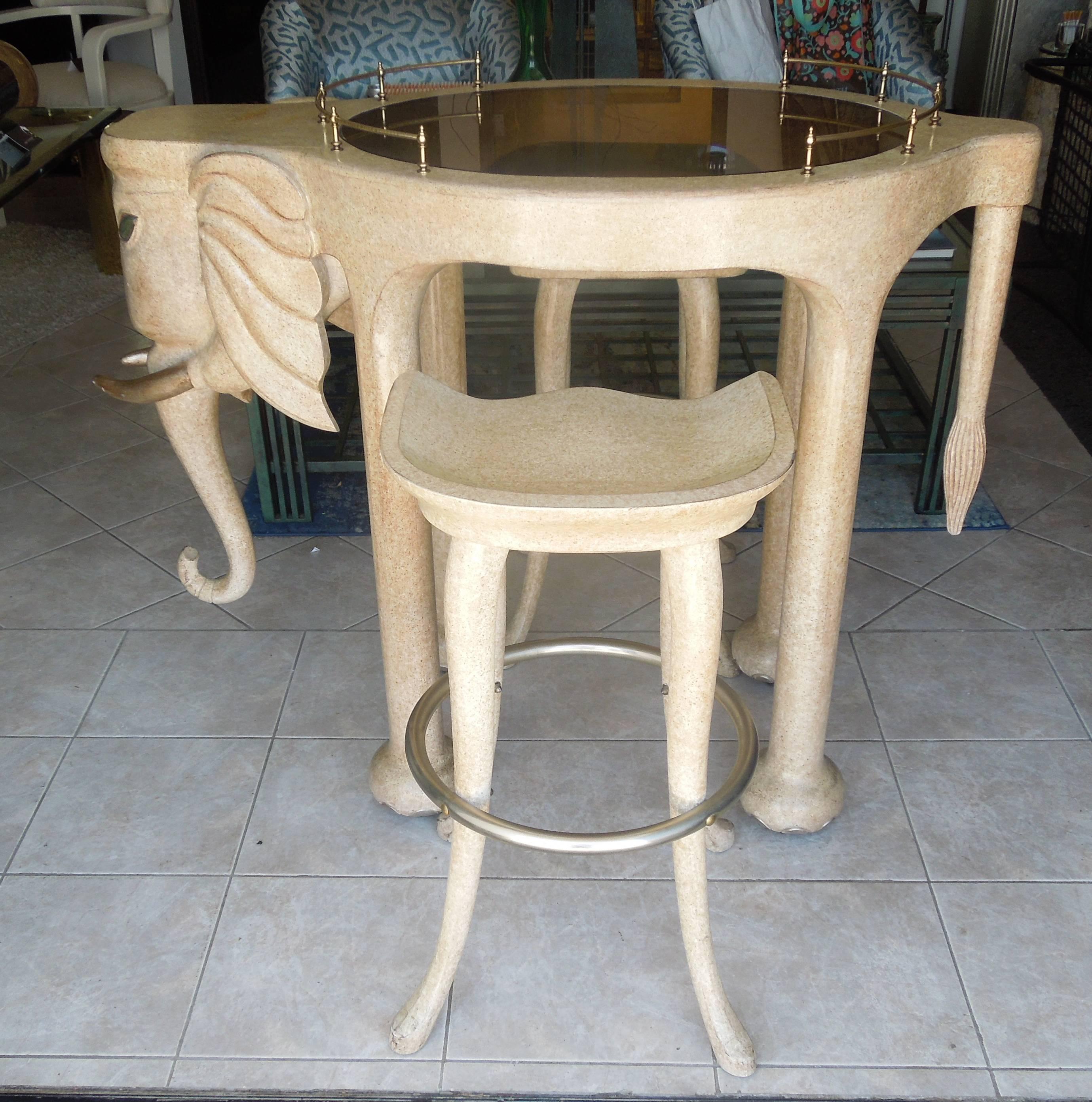 Bronzed Rare Three Piece 1980s Elephant Bar Table and Stools by Marge Carson
