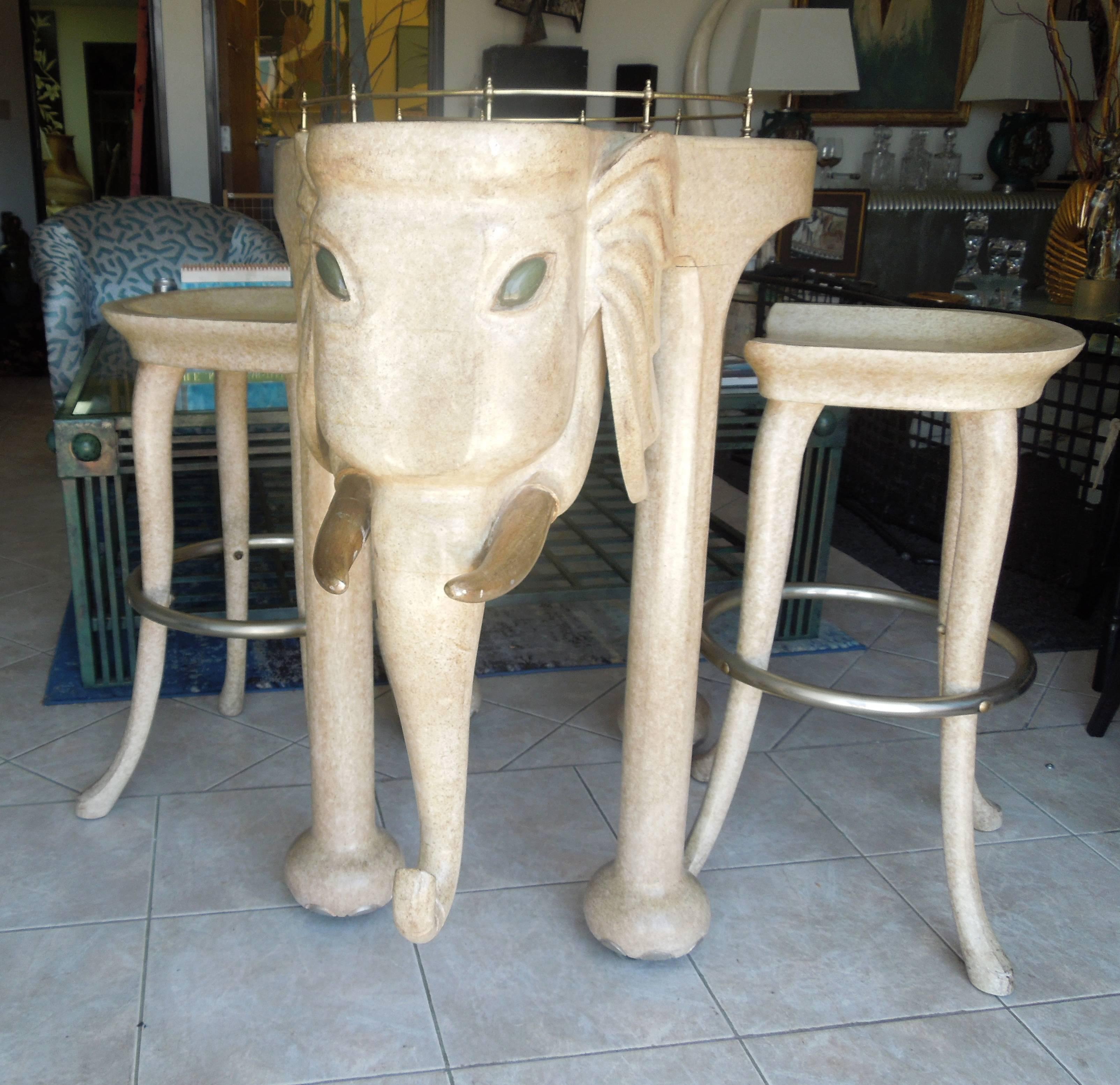 Rare Three Piece 1980s Elephant Bar Table and Stools by Marge Carson In Good Condition In Palm Springs, CA