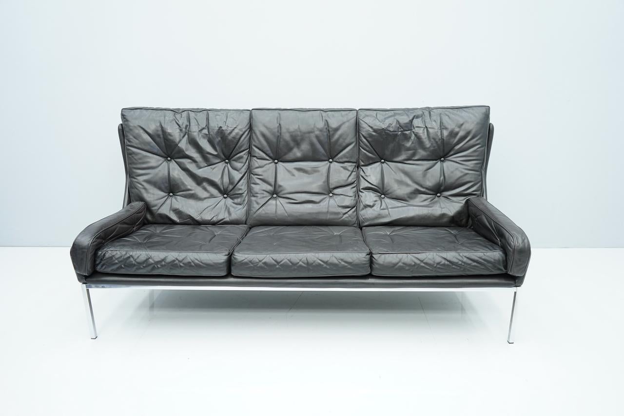 Rare Three-Seat Sofa by Roland Rainer in Black Leather, 1960s For Sale 4