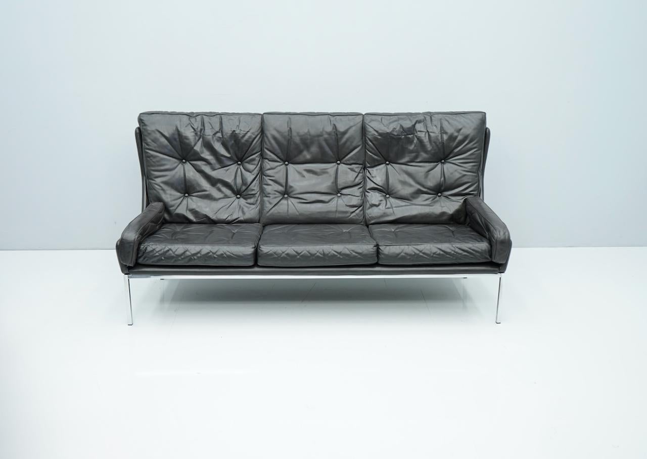 Rare Three-Seat Sofa by Roland Rainer in Black Leather, 1960s For Sale 3