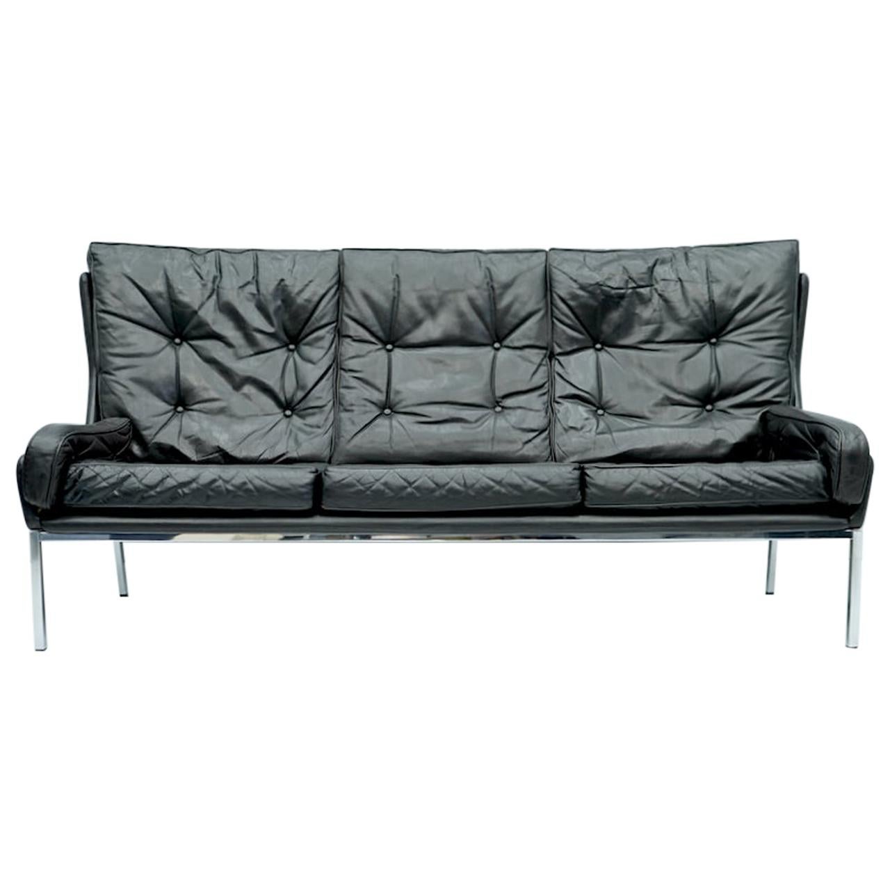 Rare Three-Seat Sofa by Roland Rainer in Black Leather, 1960s For Sale