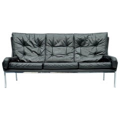 Rare Three-Seat Sofa by Roland Rainer in Black Leather, 1960s