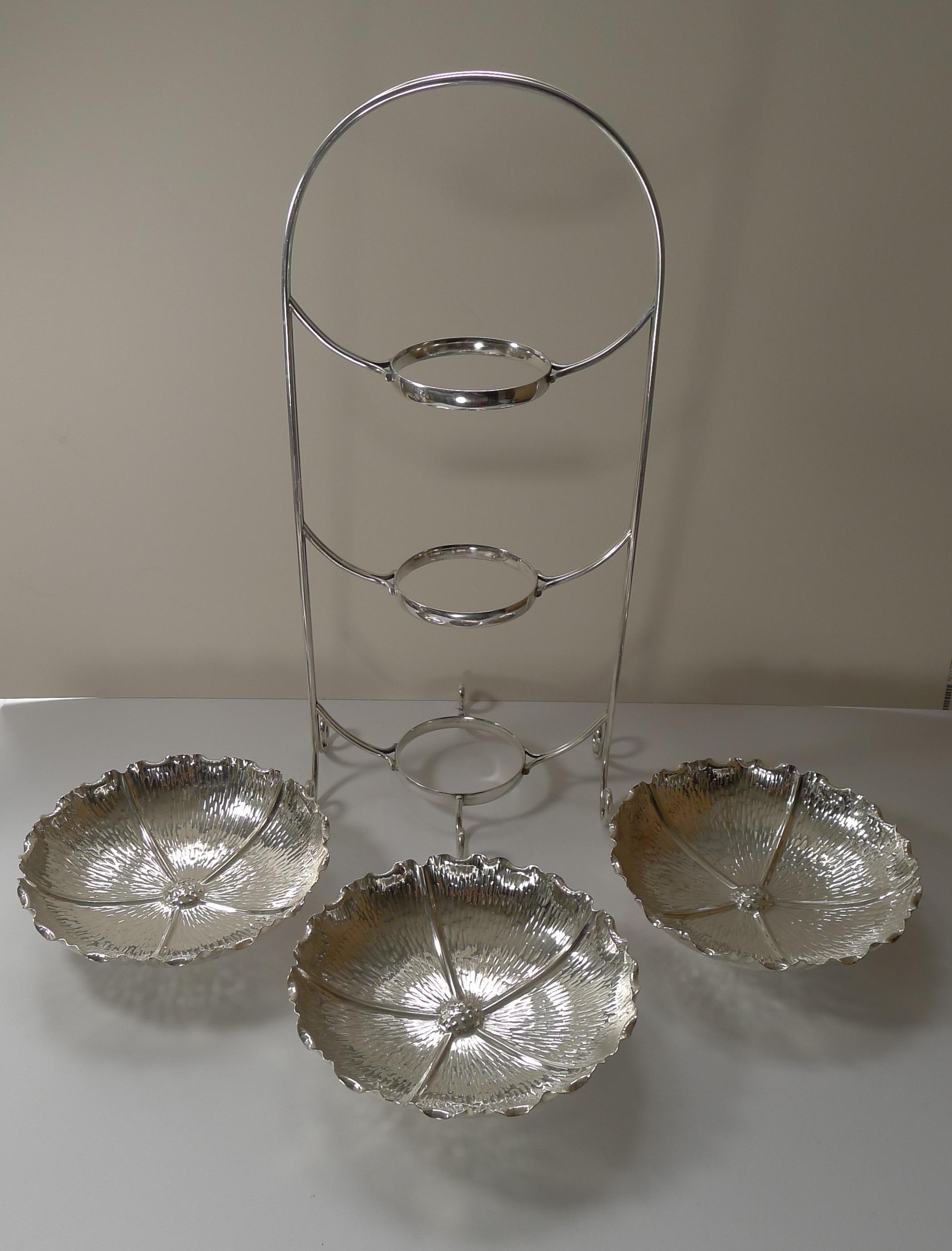 English Rare Three Tier Naturalistic Cake Stand by Hukin and Heath For Sale