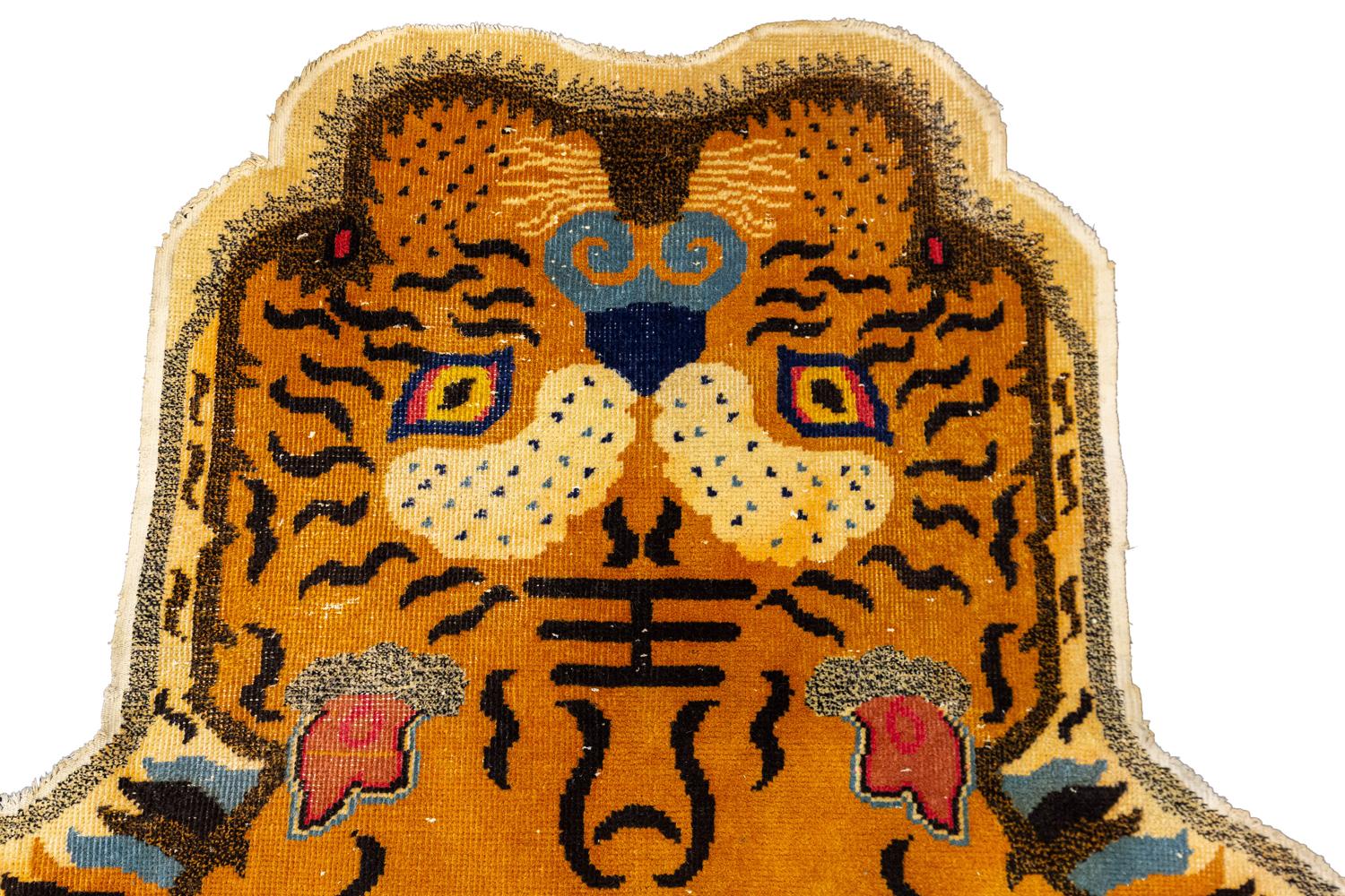 Antique Tibetan Tiger Rug with Shape of “TIGER”, 1900-1920 4