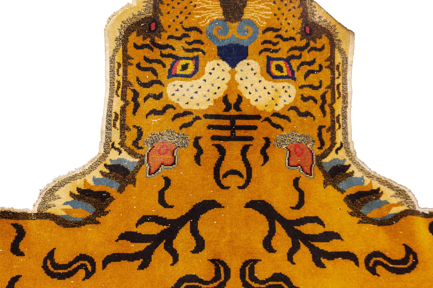 Wool Antique Tibetan Tiger Rug with Shape of “TIGER”, 1900-1920