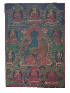 Rare Tibetan Medicine Buddha Thangka, 17th C, Hand-Painted Buddhist Painting