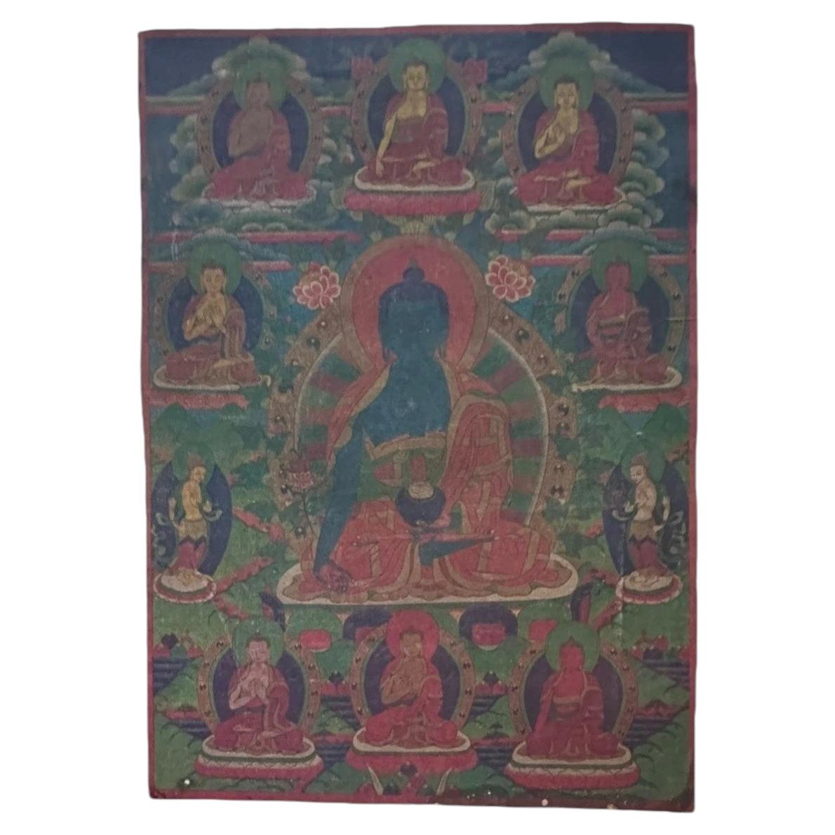 Rare Tibetan Medicine Buddha Thangka, 17th C, Hand-Painted Buddhist Painting