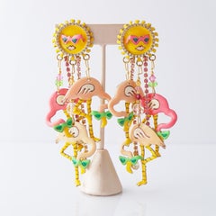 Raros pendientes colgantes de flamenco "Tickled Pink" de Lunch at the Ritz, años 80