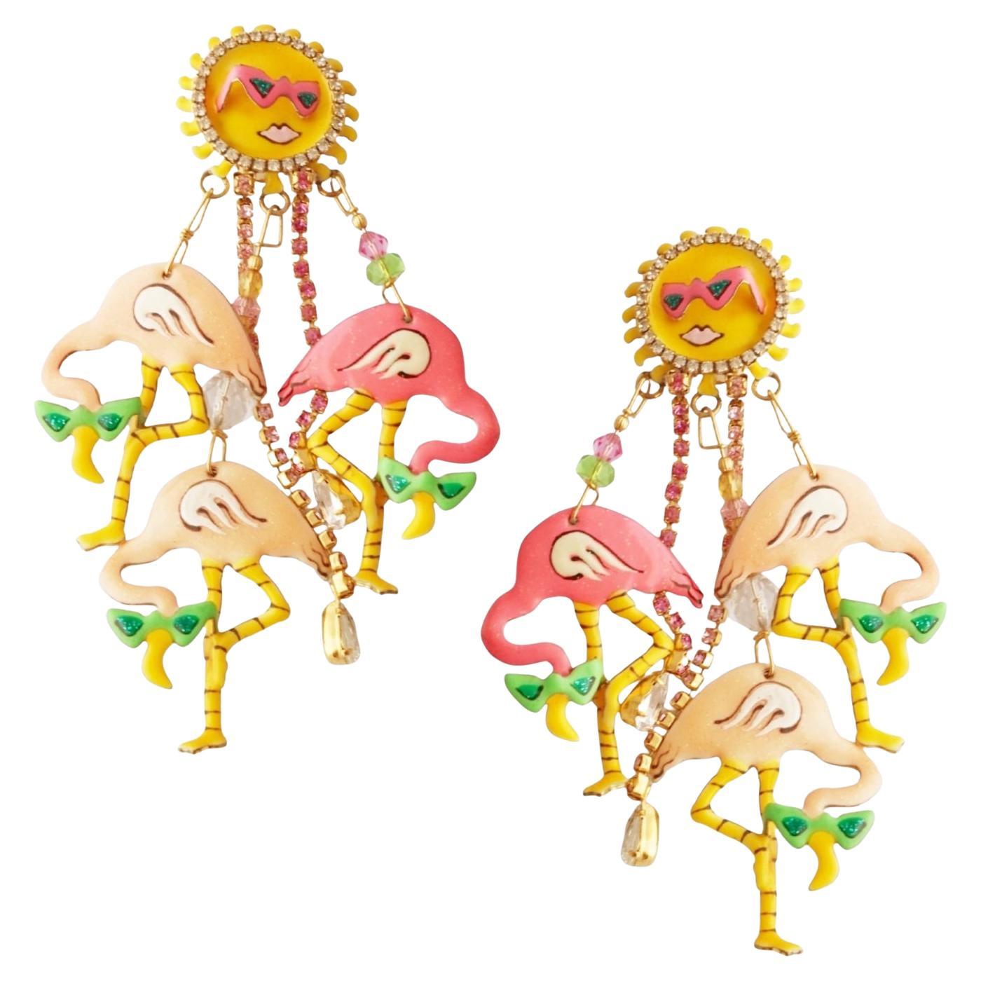 Rare "Tickled Pink" Flamingo Dangle Earrings By Lunch at the Ritz, 1980s For Sale