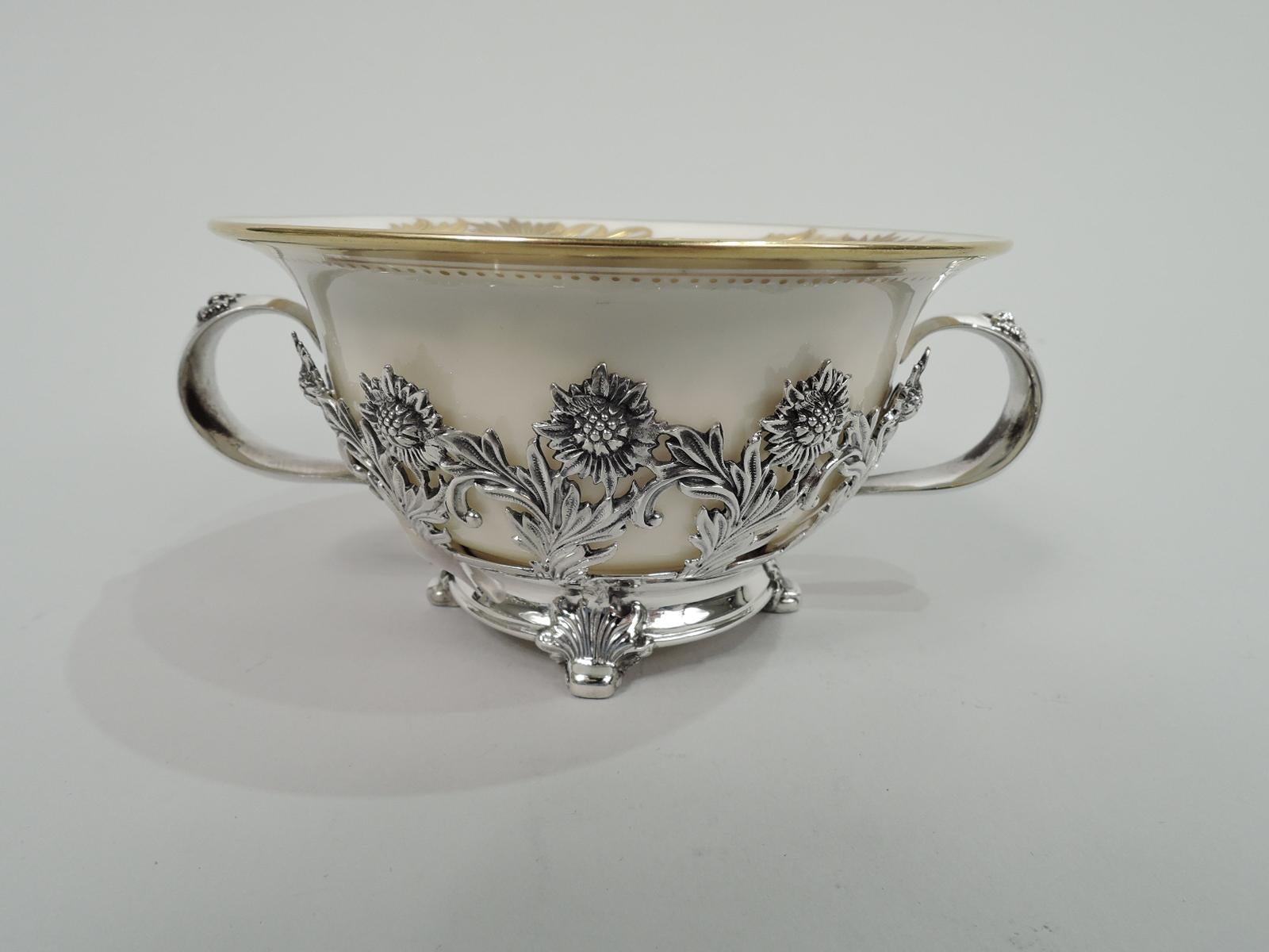 American Rare Tiffany Chrysanthemum Bouillon Bowls & Original Lenox Inserts For Sale