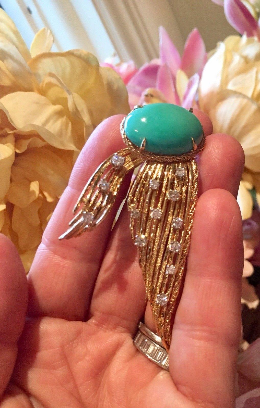 Rare Tiffany & Co. 18 Karat Gold Turquoise 0.92 Carat Diamond Brooch Pin Pendant For Sale 5