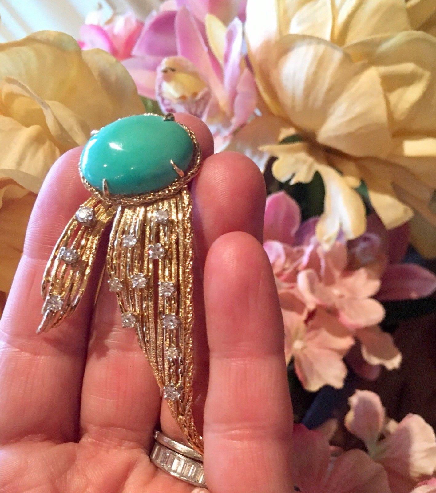 Rare Tiffany & Co. 18 Karat Gold Turquoise 0.92 Carat Diamond Brooch Pin Pendant For Sale 6