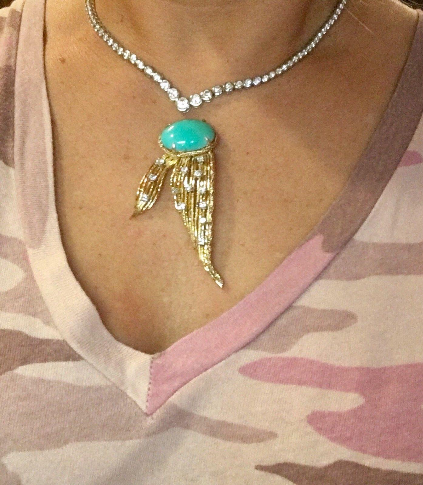 Rare Tiffany & Co. 18 Karat Gold Turquoise 0.92 Carat Diamond Brooch Pin Pendant For Sale 7