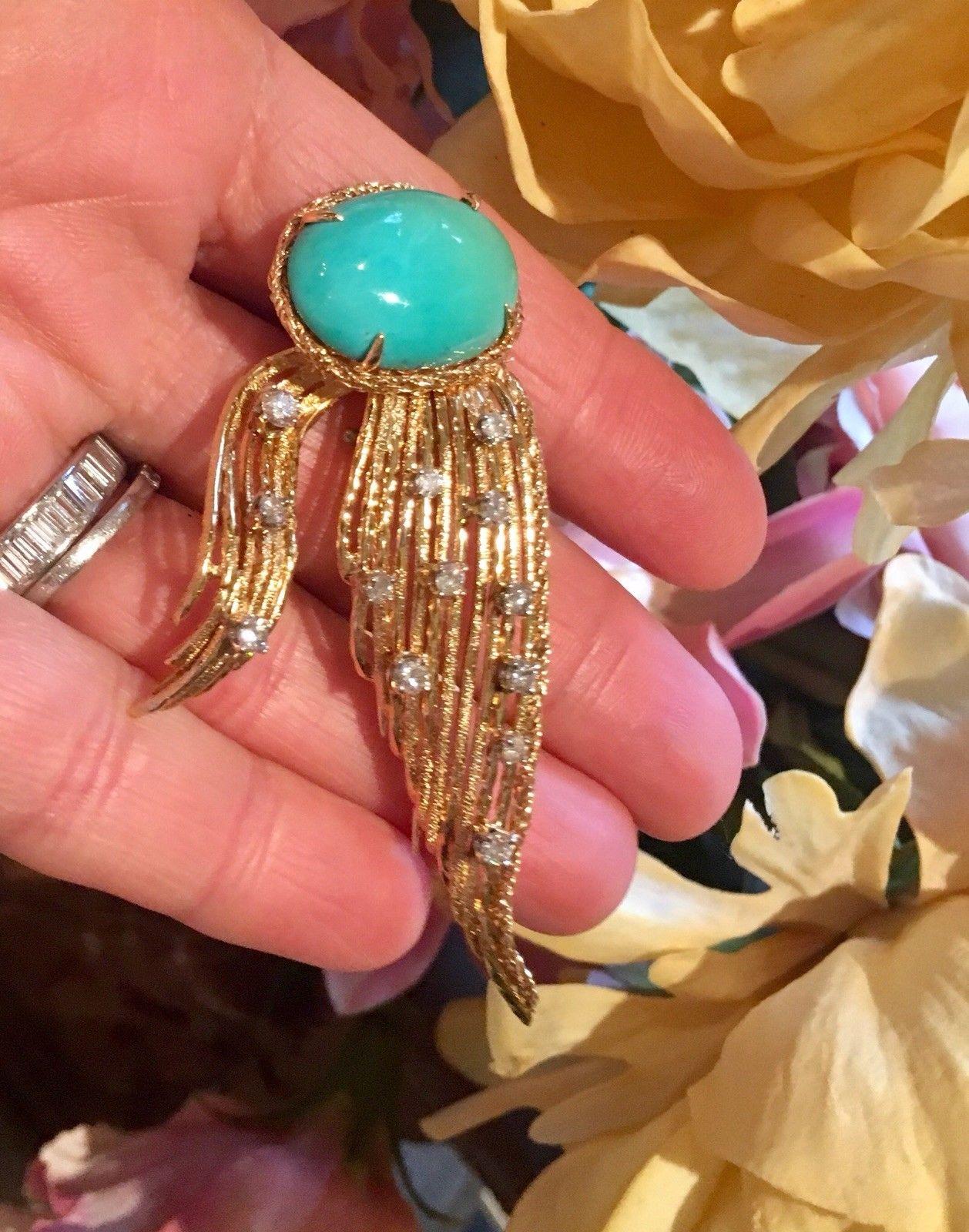 Rare Tiffany & Co. 18 Karat Gold Turquoise 0.92 Carat Diamond Brooch Pin Pendant For Sale 8