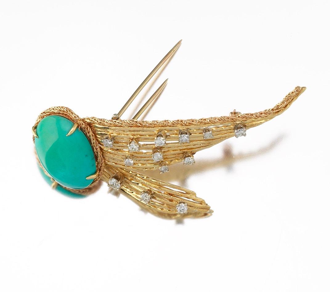 Retro Rare Tiffany & Co. 18 Karat Gold Turquoise 0.92 Carat Diamond Brooch Pin Pendant For Sale