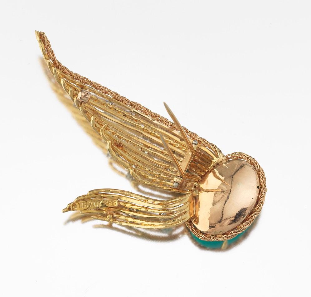 Women's Rare Tiffany & Co. 18 Karat Gold Turquoise 0.92 Carat Diamond Brooch Pin Pendant For Sale