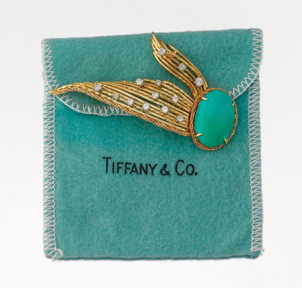 Rare Tiffany & Co. 18 Karat Gold Turquoise 0.92 Carat Diamond Brooch Pin Pendant For Sale 2
