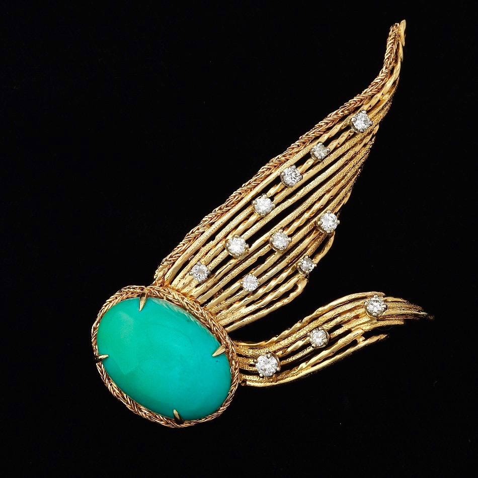 Rare Tiffany & Co. 18 Karat Gold Turquoise 0.92 Carat Diamond Brooch Pin Pendant For Sale 3
