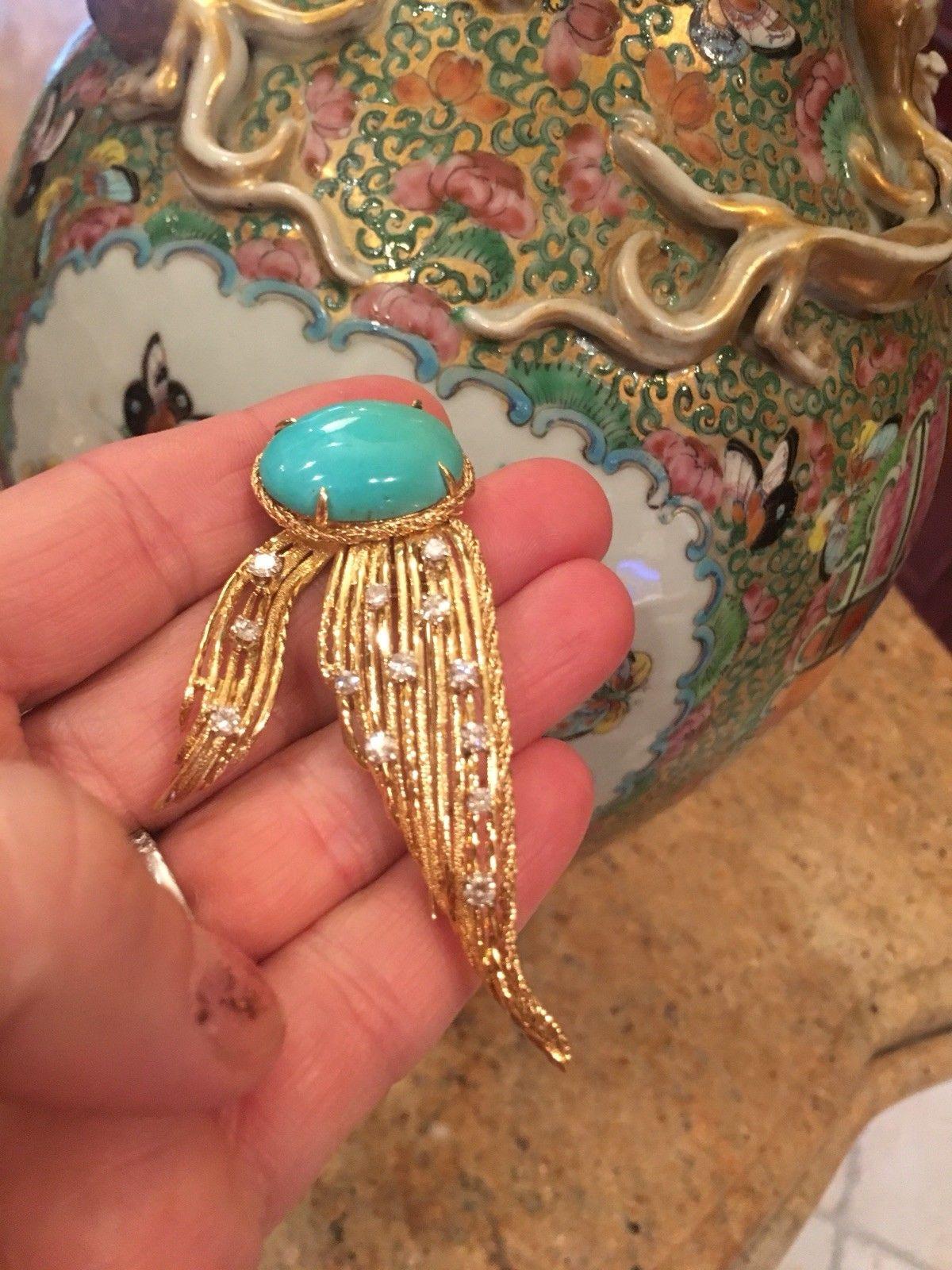 Rare Tiffany & Co. 18 Karat Gold Turquoise 0.92 Carat Diamond Brooch Pin Pendant For Sale 4