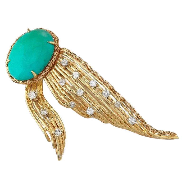 Rare Tiffany & Co. 18 Karat Gold Turquoise 0.92 Carat Diamond Brooch Pin Pendant For Sale