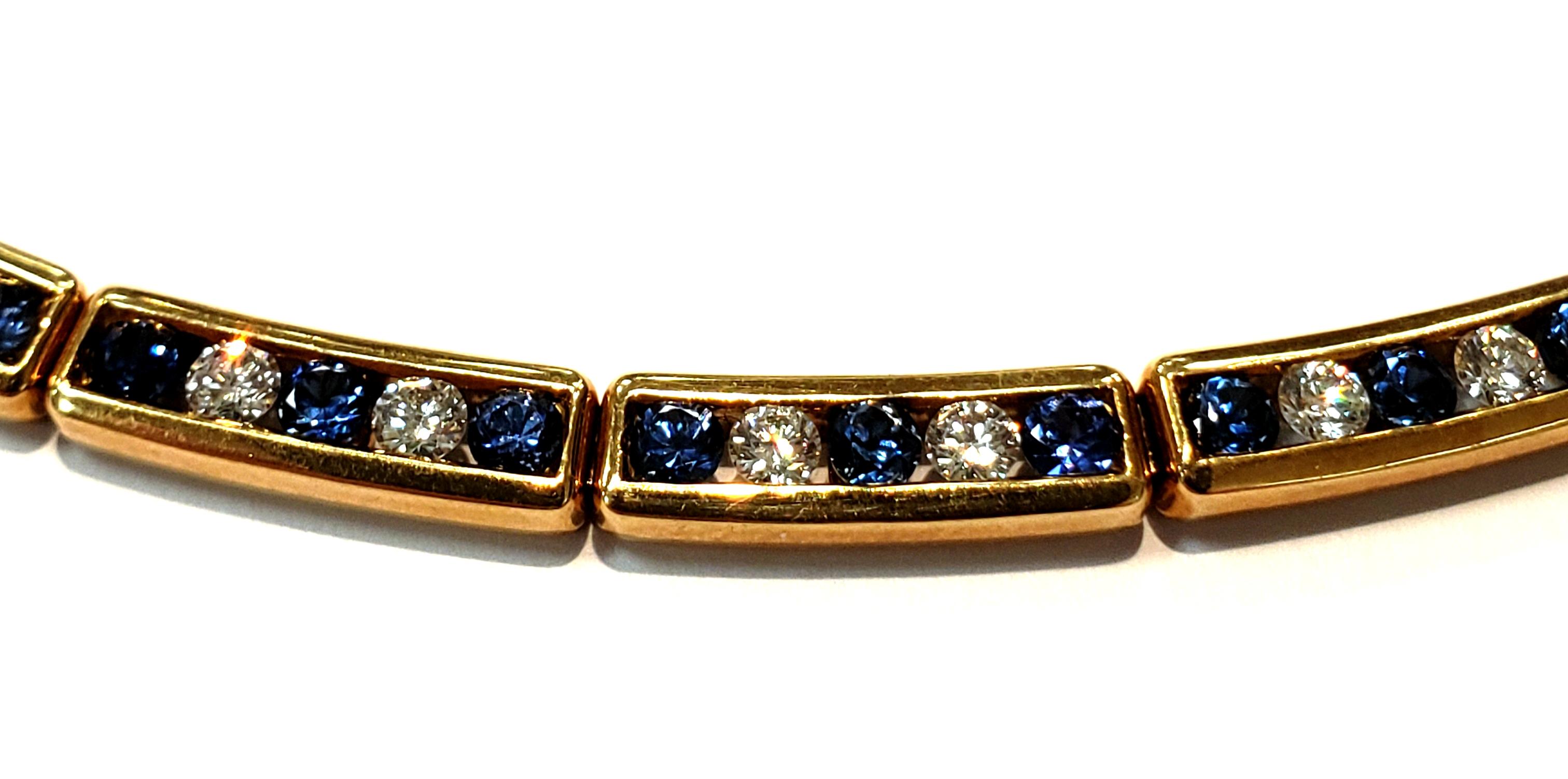 A Rare Beauty! 18 Karat Yellow Gold Open Link Choker Necklace, With Five Sections, Each Containing 3 Round Natural Blue Sapphires & Two Round Brilliant Diamonds, Channel Set In Rectangular Links. Choker is 16 Inches, & Has A Closed Clasp Design. 10