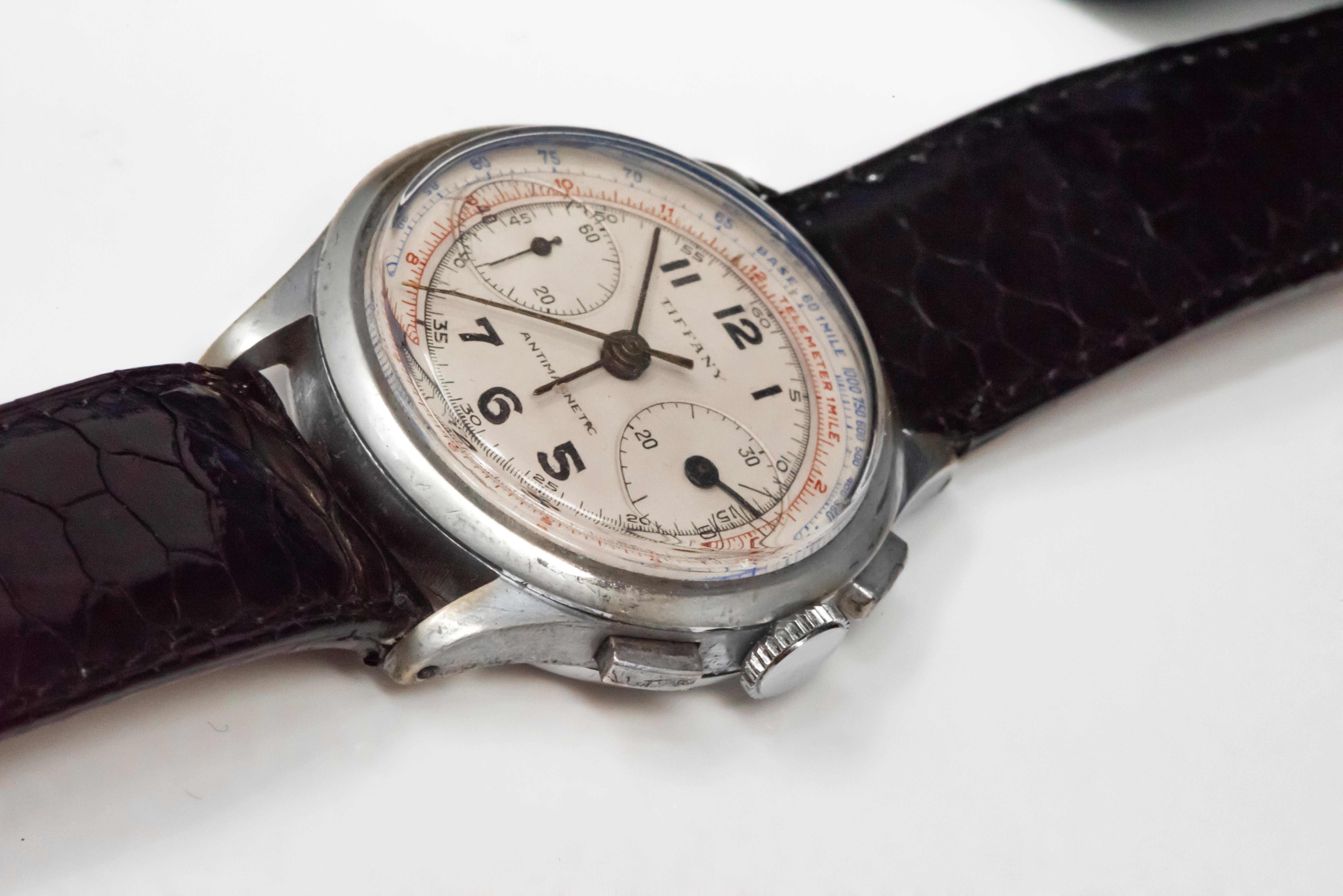 Rare Tiffany & Co. Chronograph Telemeter Stainless Steel Aviation Wristwatch In Good Condition In New york, NY