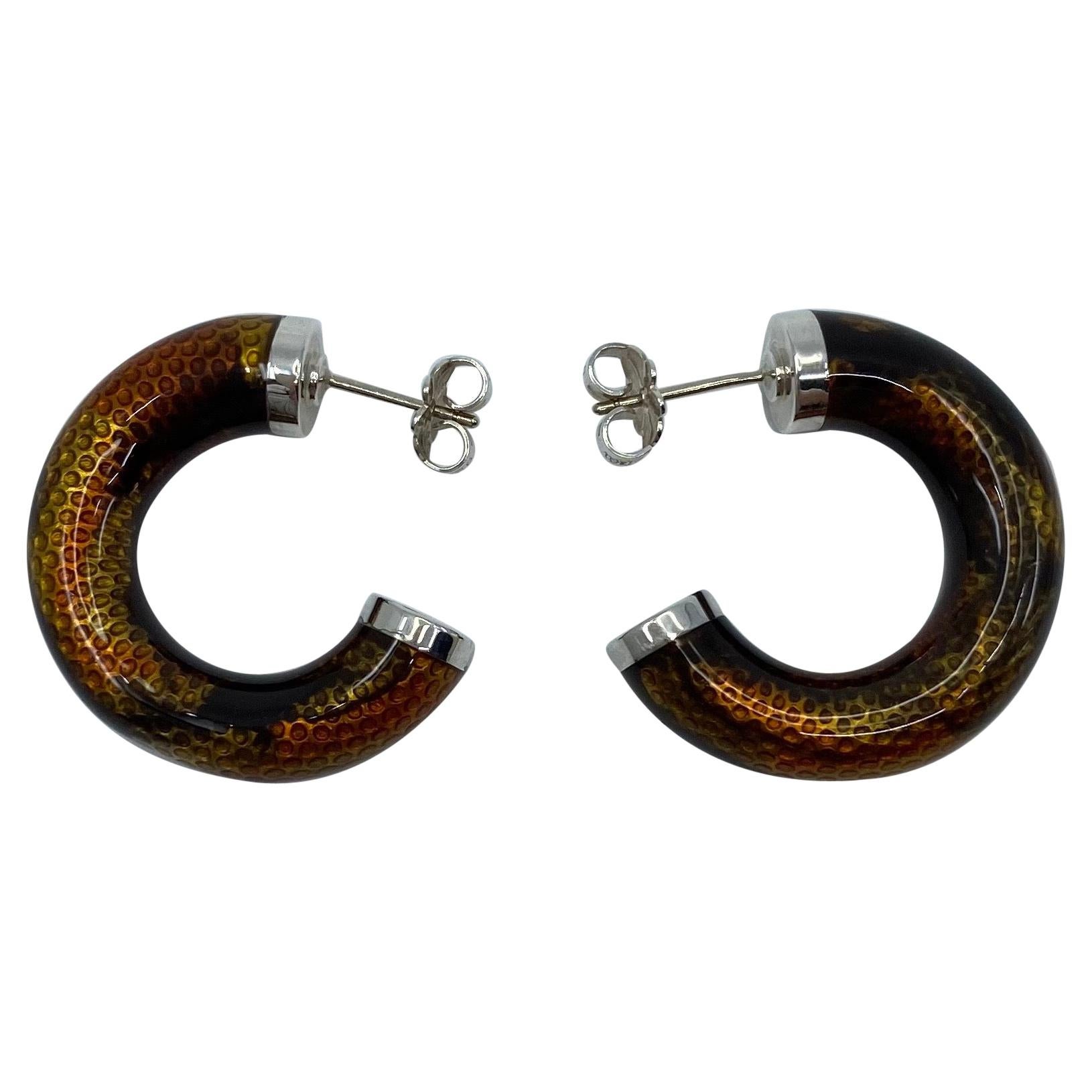 Rare Tiffany & Co. Italian Made Snakeskin Pattern Enamel Silver Hoop Earrings For Sale