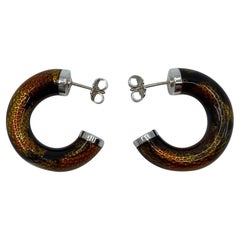 Vintage Rare Tiffany & Co. Italian Made Snakeskin Pattern Enamel Silver Hoop Earrings