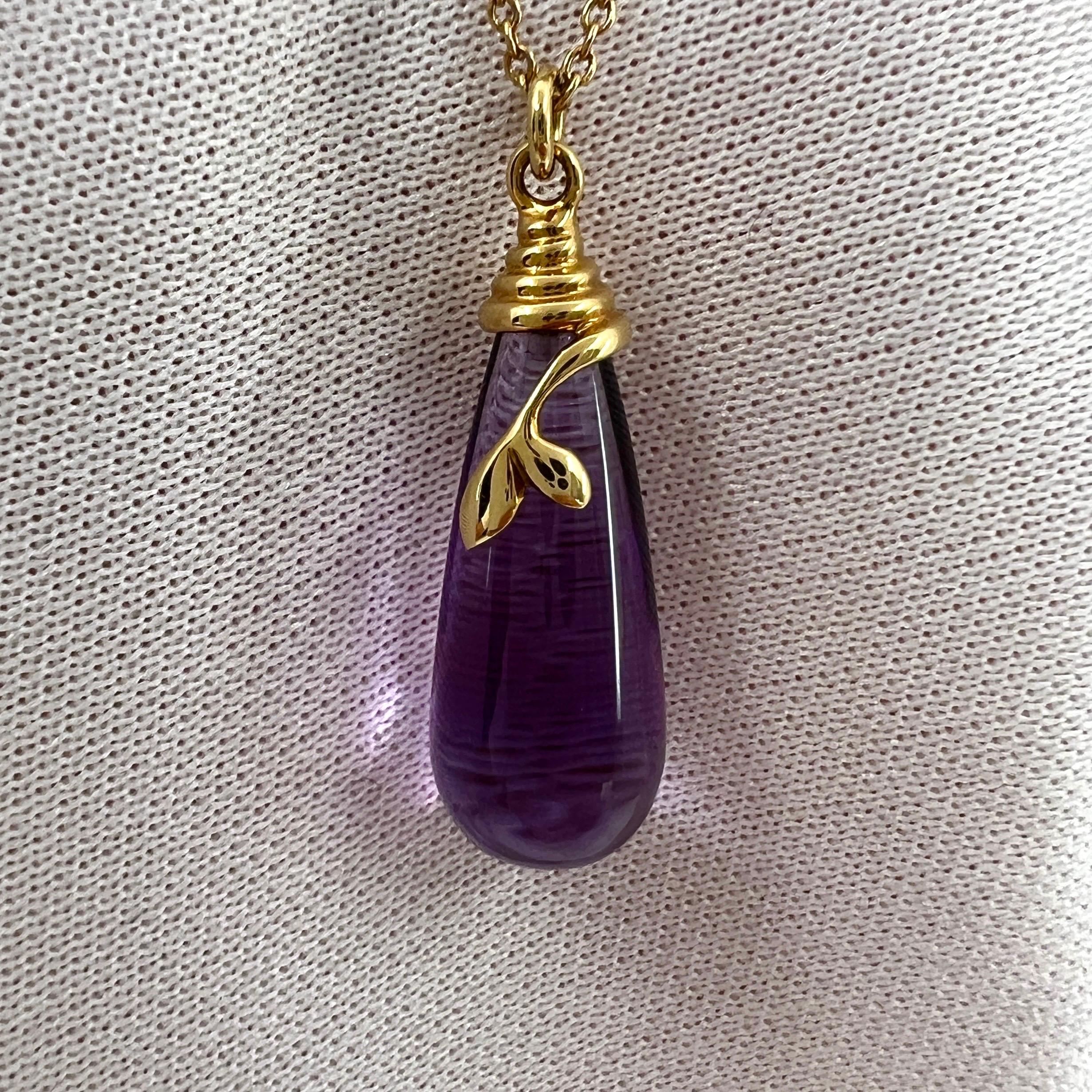 Cabochon Rare Tiffany & Co. Paloma Picasso Olive Leaf Amethyst Gold Drop Pendant Necklace