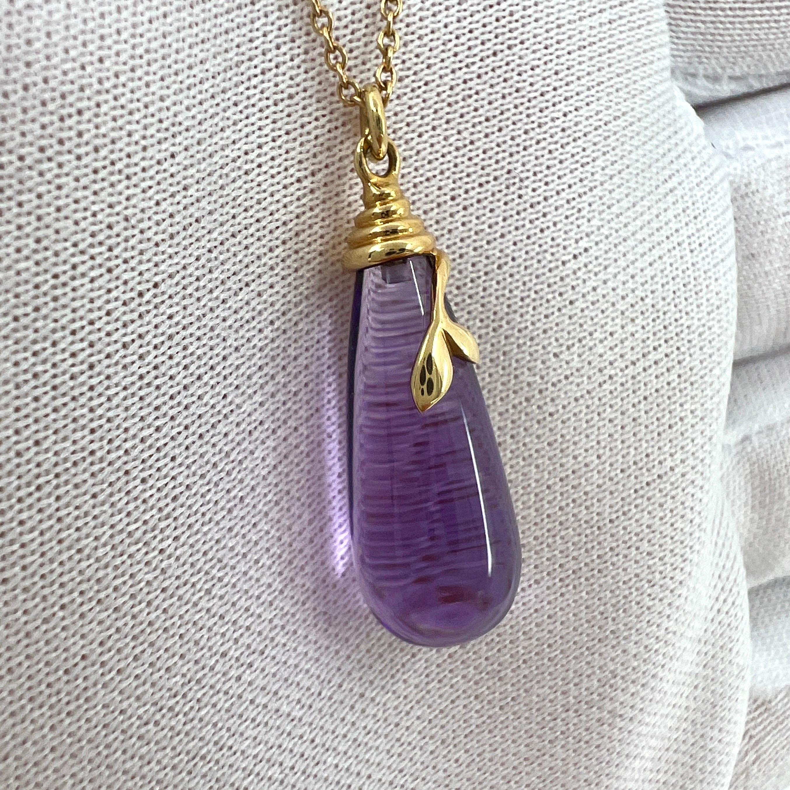 Rare Tiffany & Co. Paloma Picasso Olive Leaf Amethyst Gold Drop Pendant Necklace In Excellent Condition In Birmingham, GB