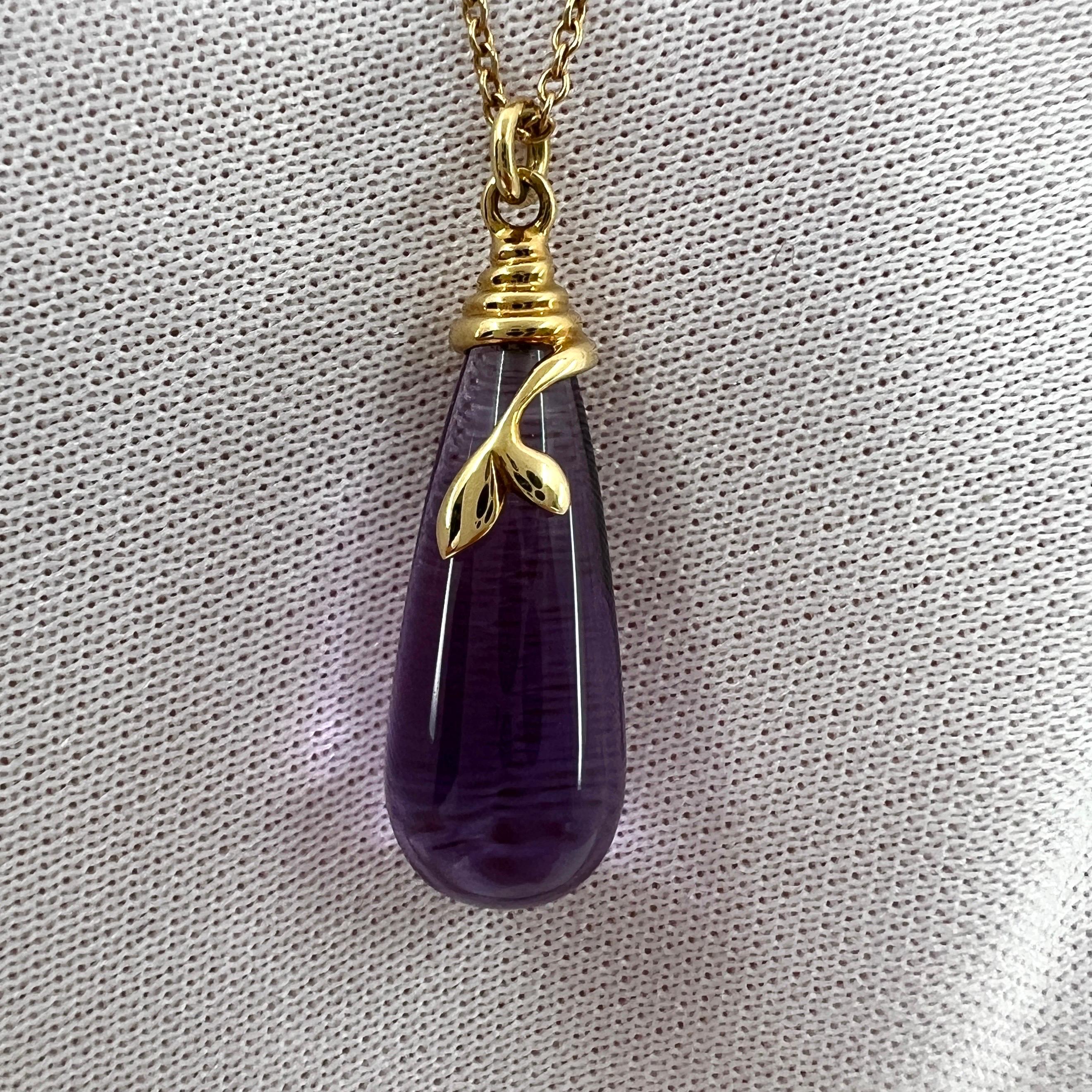 Women's or Men's Rare Tiffany & Co. Paloma Picasso Olive Leaf Amethyst Gold Drop Pendant Necklace