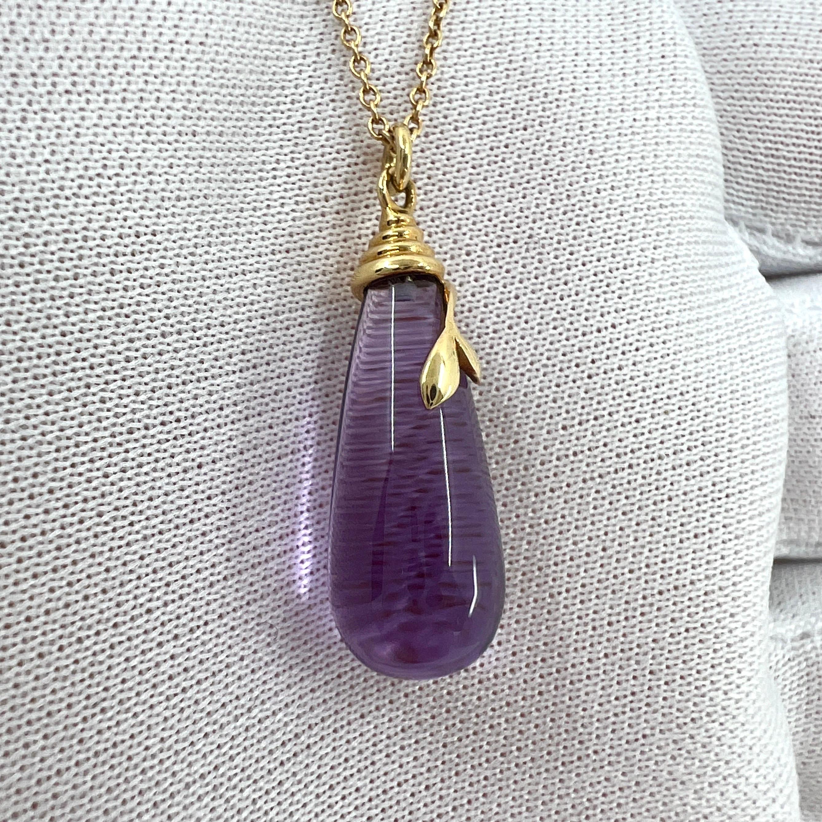 Rare Tiffany & Co. Paloma Picasso Olive Leaf Amethyst Gold Drop Pendant Necklace 2