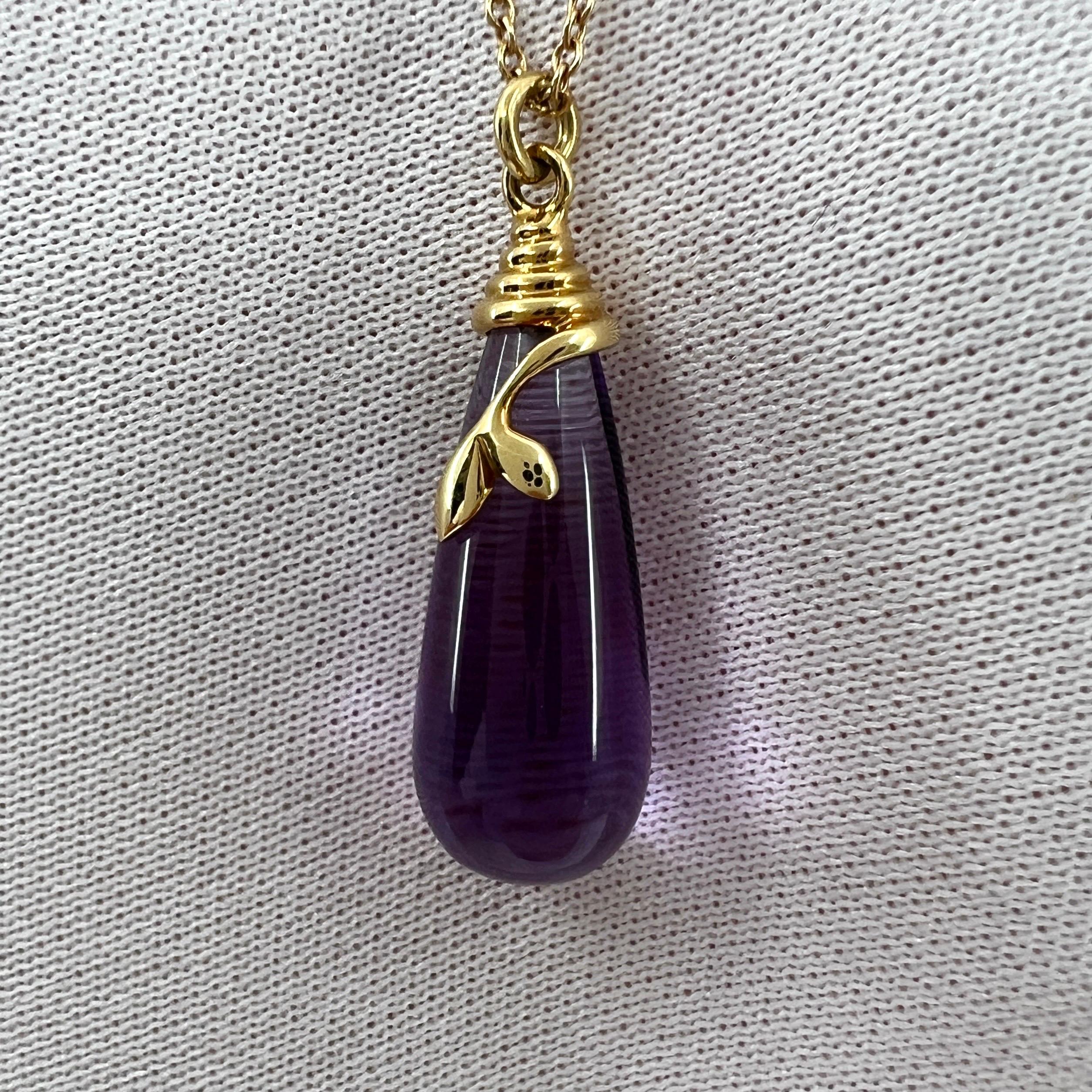 Rare Tiffany & Co. Paloma Picasso Olive Leaf Amethyst Gold Drop Pendant Necklace For Sale 3