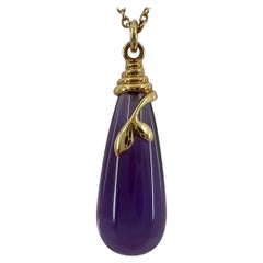 Used Rare Tiffany & Co. Paloma Picasso Olive Leaf Amethyst Gold Drop Pendant Necklace