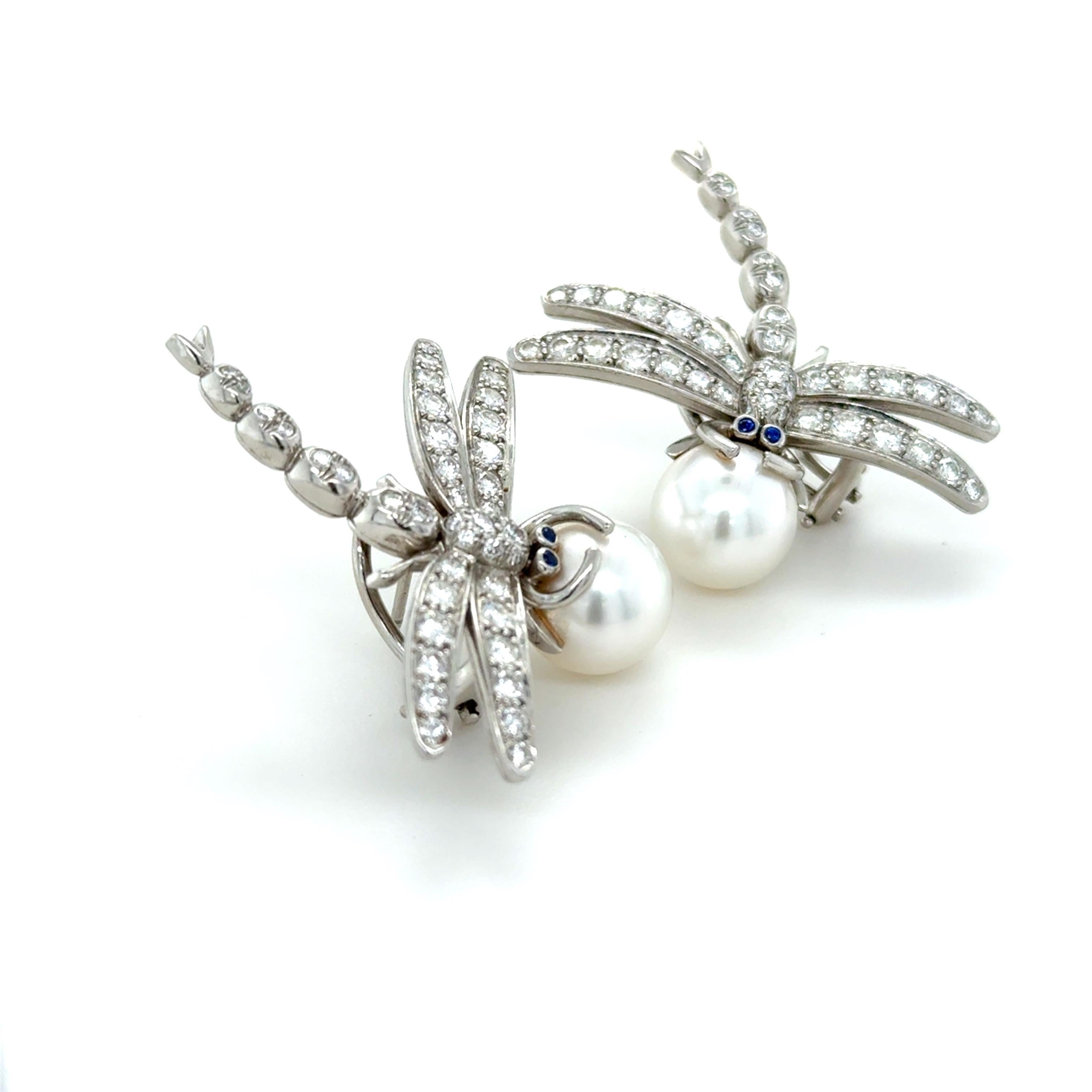Taglio brillante Rara Tiffany & Co. Orecchini Dragonfly in platino, diamanti e perle in vendita
