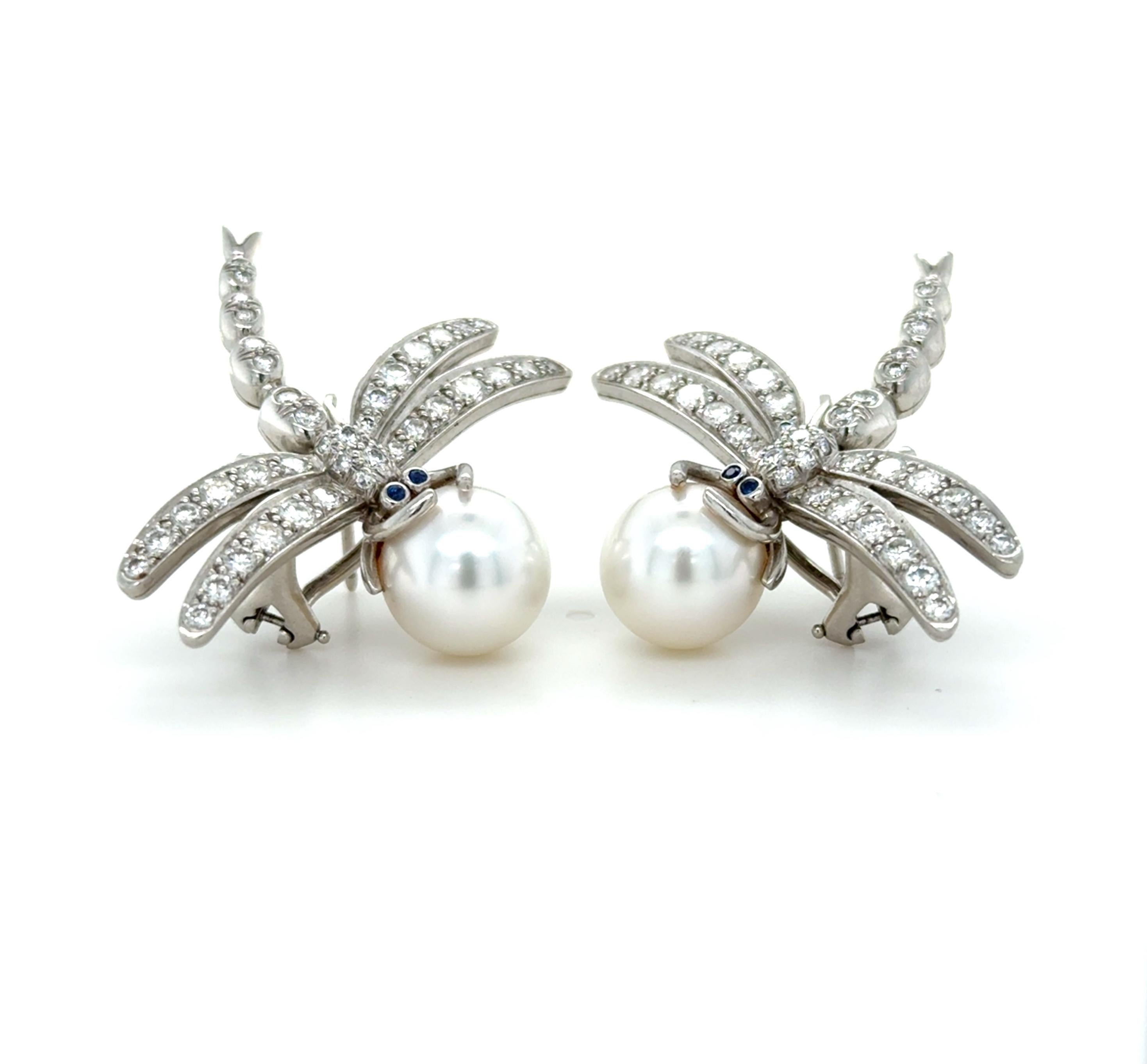 Rara Tiffany & Co. Orecchini Dragonfly in platino, diamanti e perle In condizioni ottime in vendita a Chicago, IL