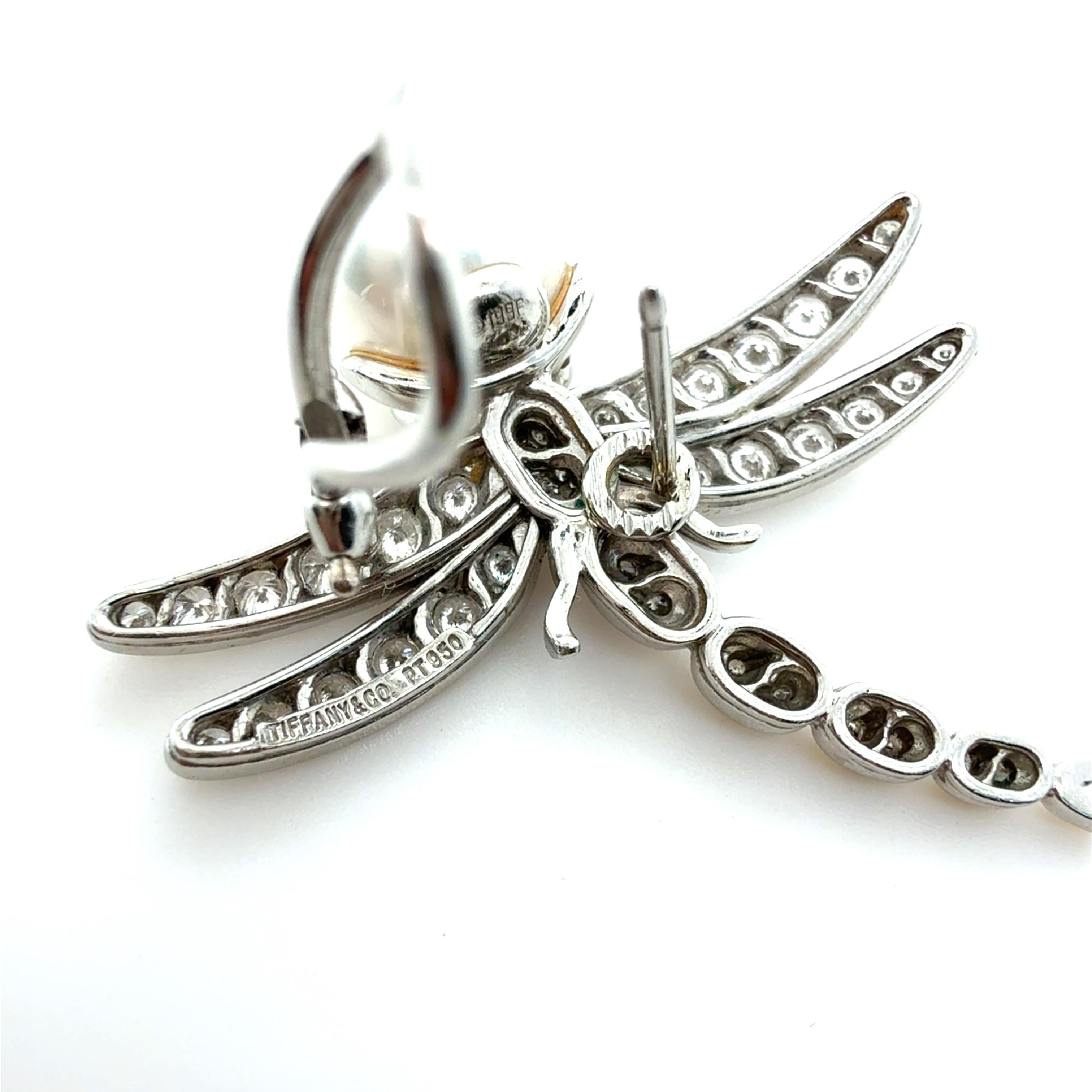 Rara Tiffany & Co. Orecchini Dragonfly in platino, diamanti e perle in vendita 1