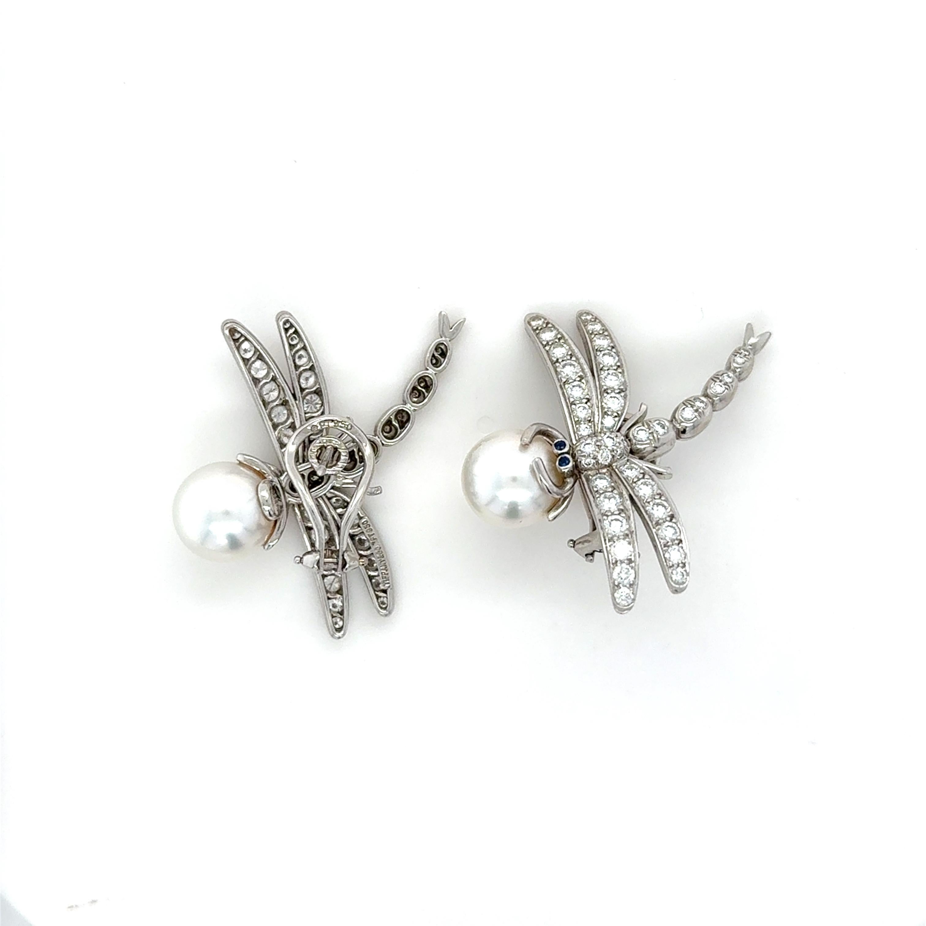 Rara Tiffany & Co. Orecchini Dragonfly in platino, diamanti e perle in vendita 2