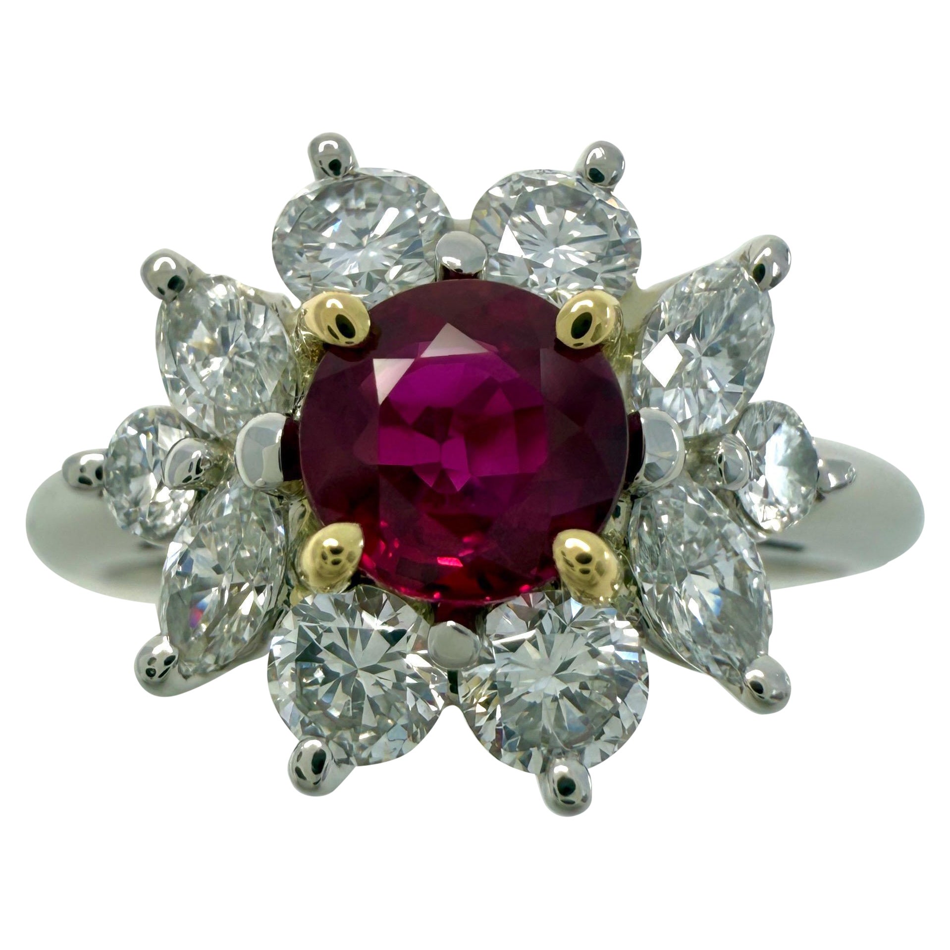 Rare Tiffany & Co. Red Ruby & Diamond 18k Gold & Platinum Flower Cluster Ring in vendita