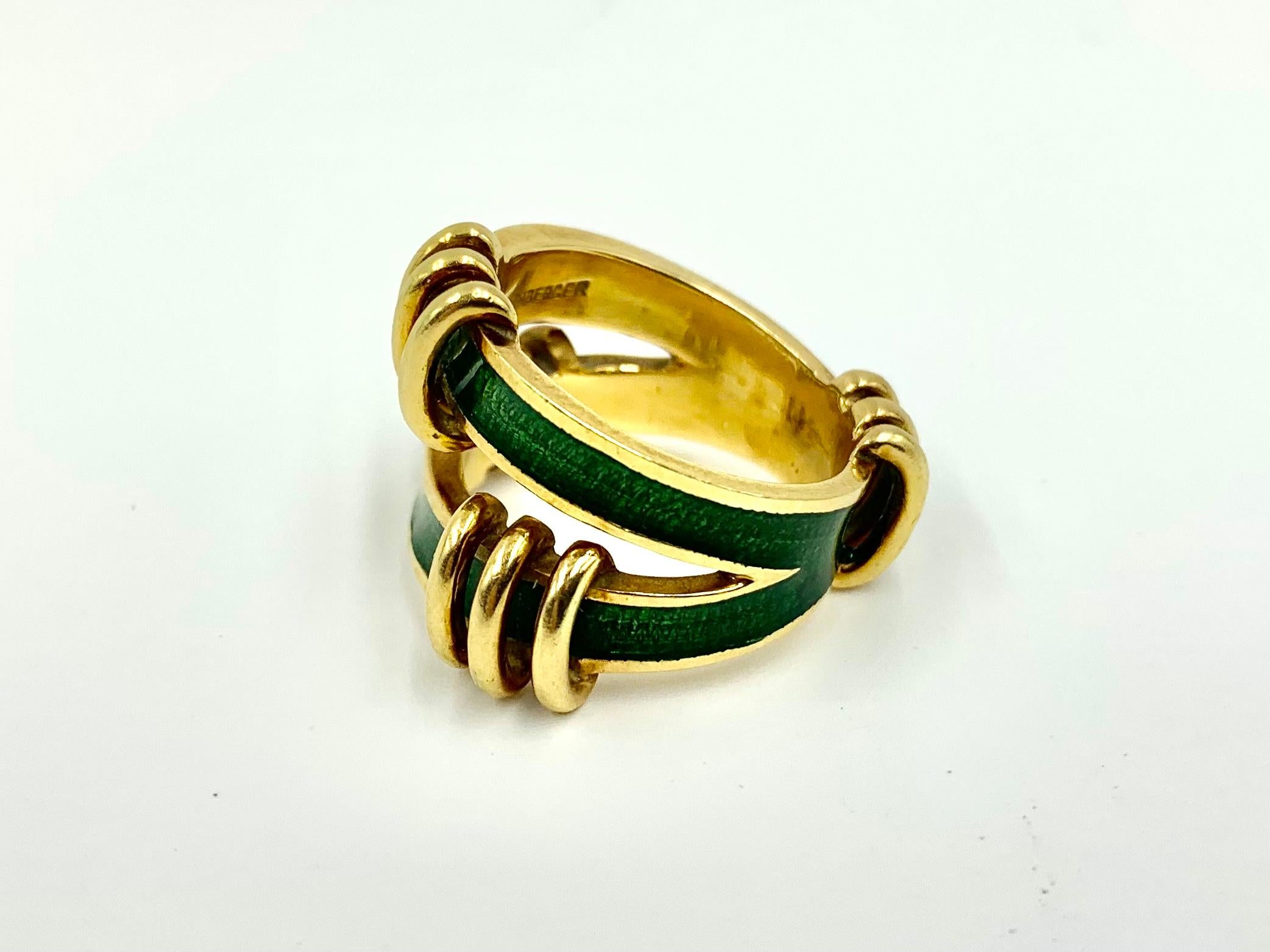 Women's or Men's Rare Tiffany & Co. Schlumberger 18K Yellow Gold Emerald Enamel Tiered Knot Ring