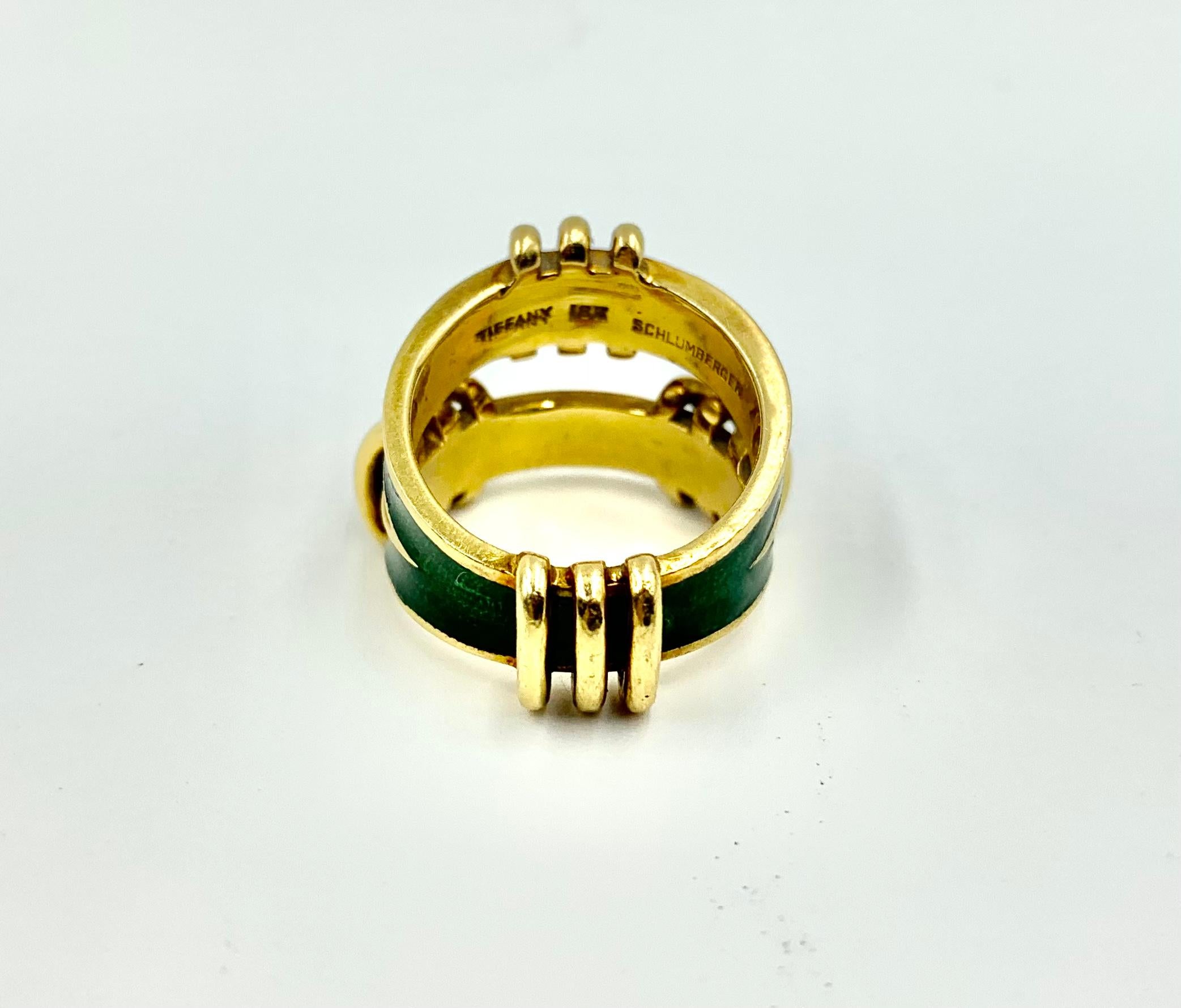 Rare Tiffany & Co. Schlumberger 18K Yellow Gold Emerald Enamel Tiered Knot Ring 2