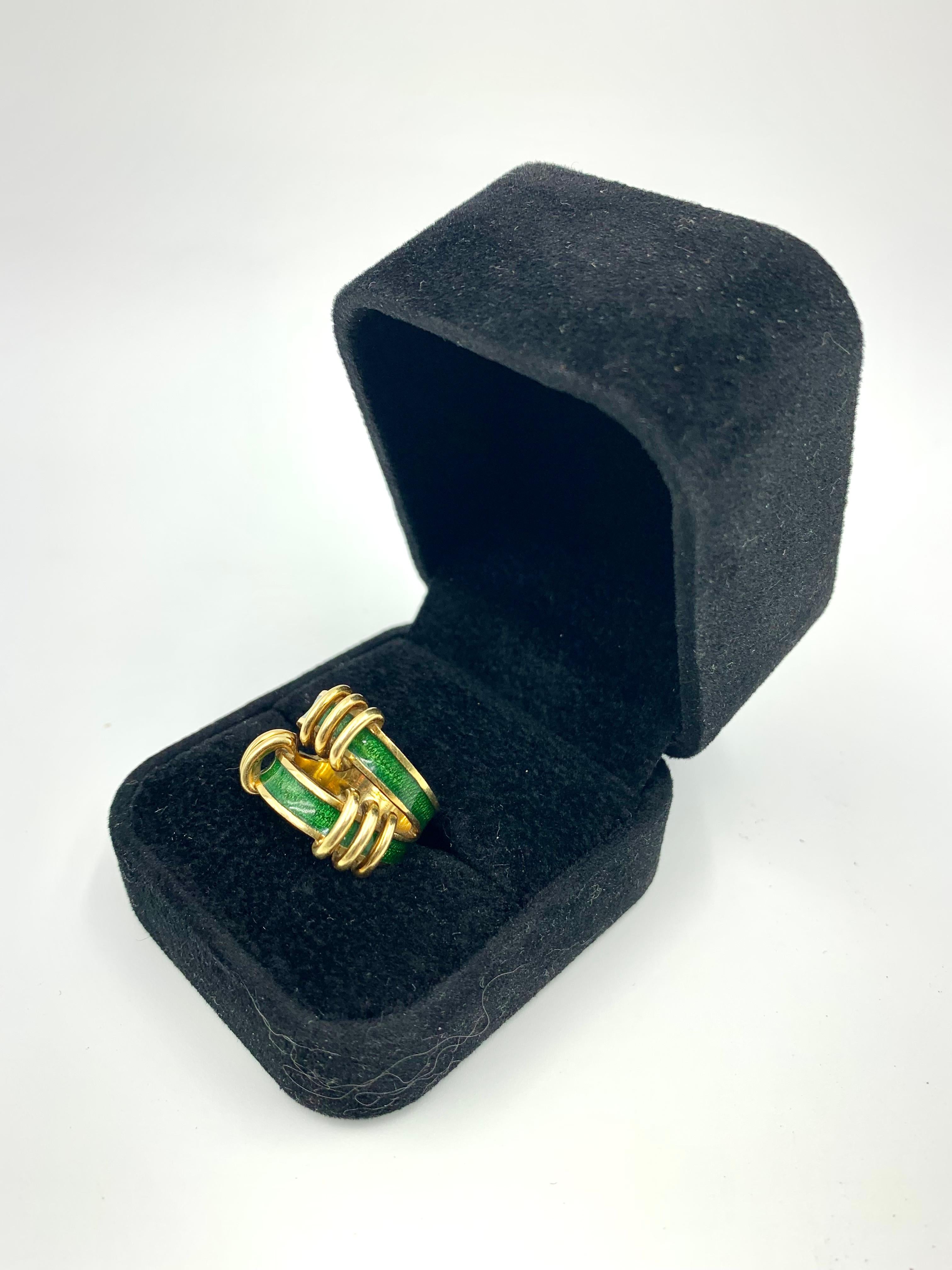 Rare Tiffany & Co. Schlumberger 18K Yellow Gold Emerald Enamel Tiered Knot Ring 3