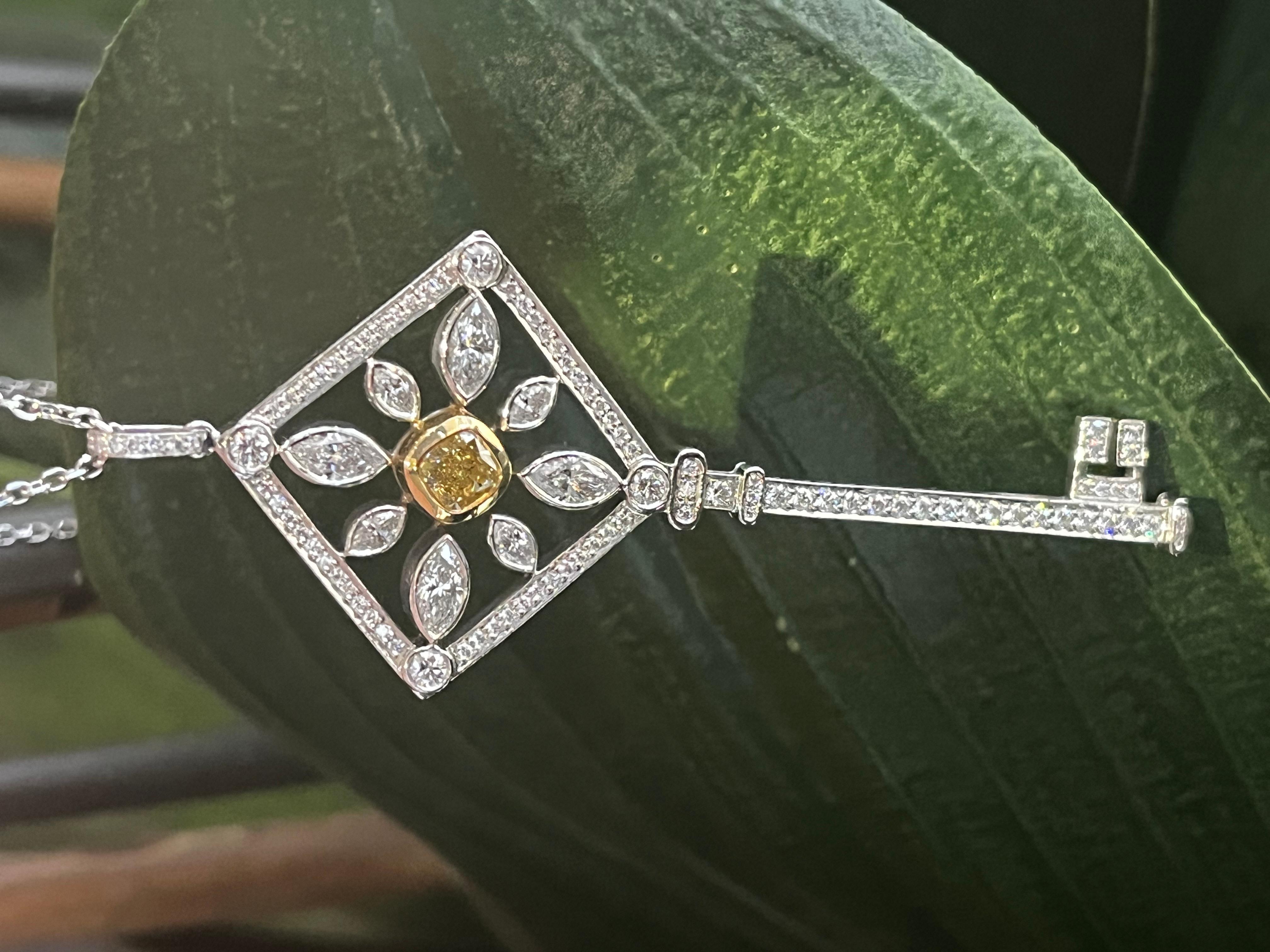 Cushion Cut Rare Tiffany & Co. Tiffany Kaleidoscope Platinum Key Pendant with Yellow Diamond For Sale