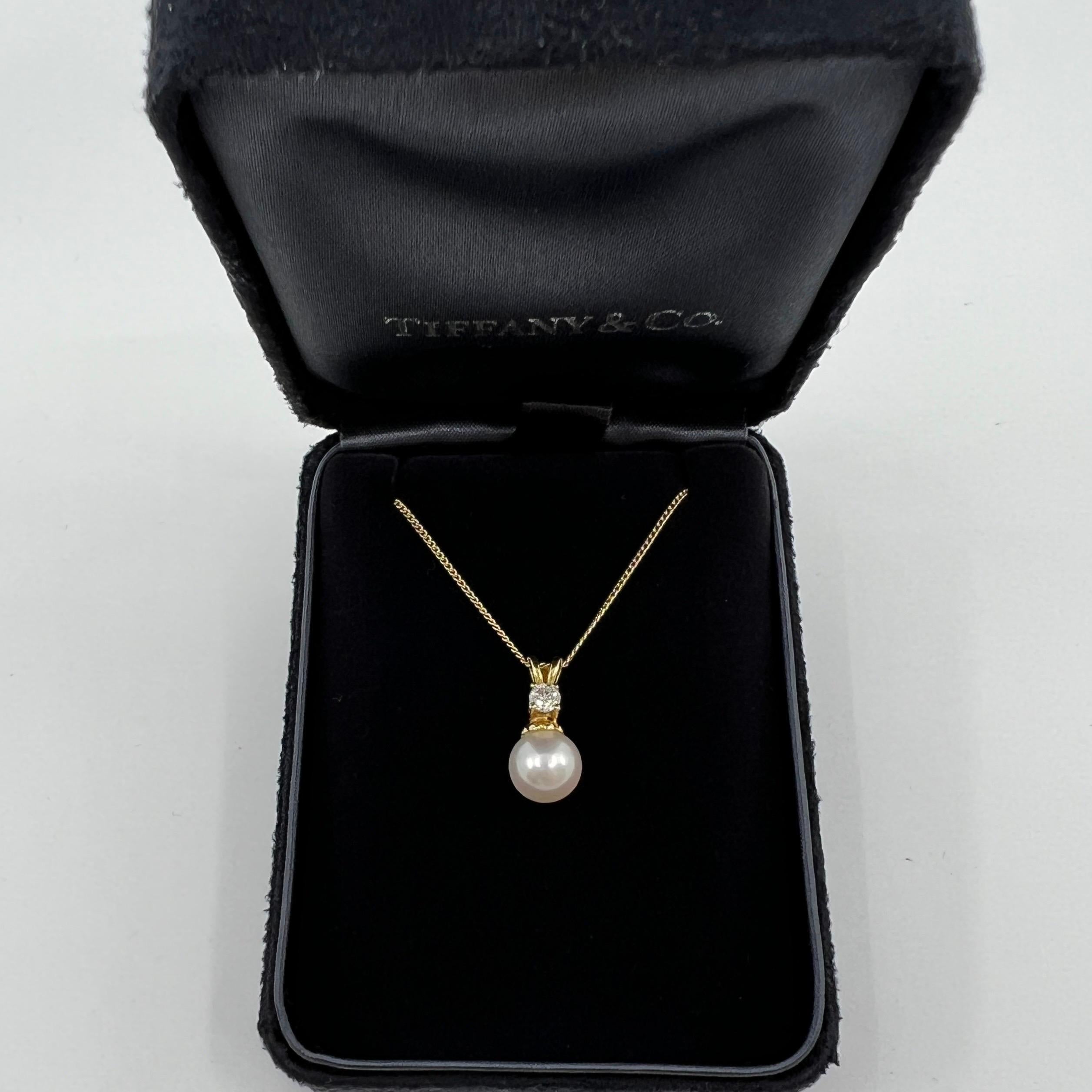 Women's Rare Tiffany & Co. White Pearl And Diamond 18k Yellow Gold Pendant Necklace