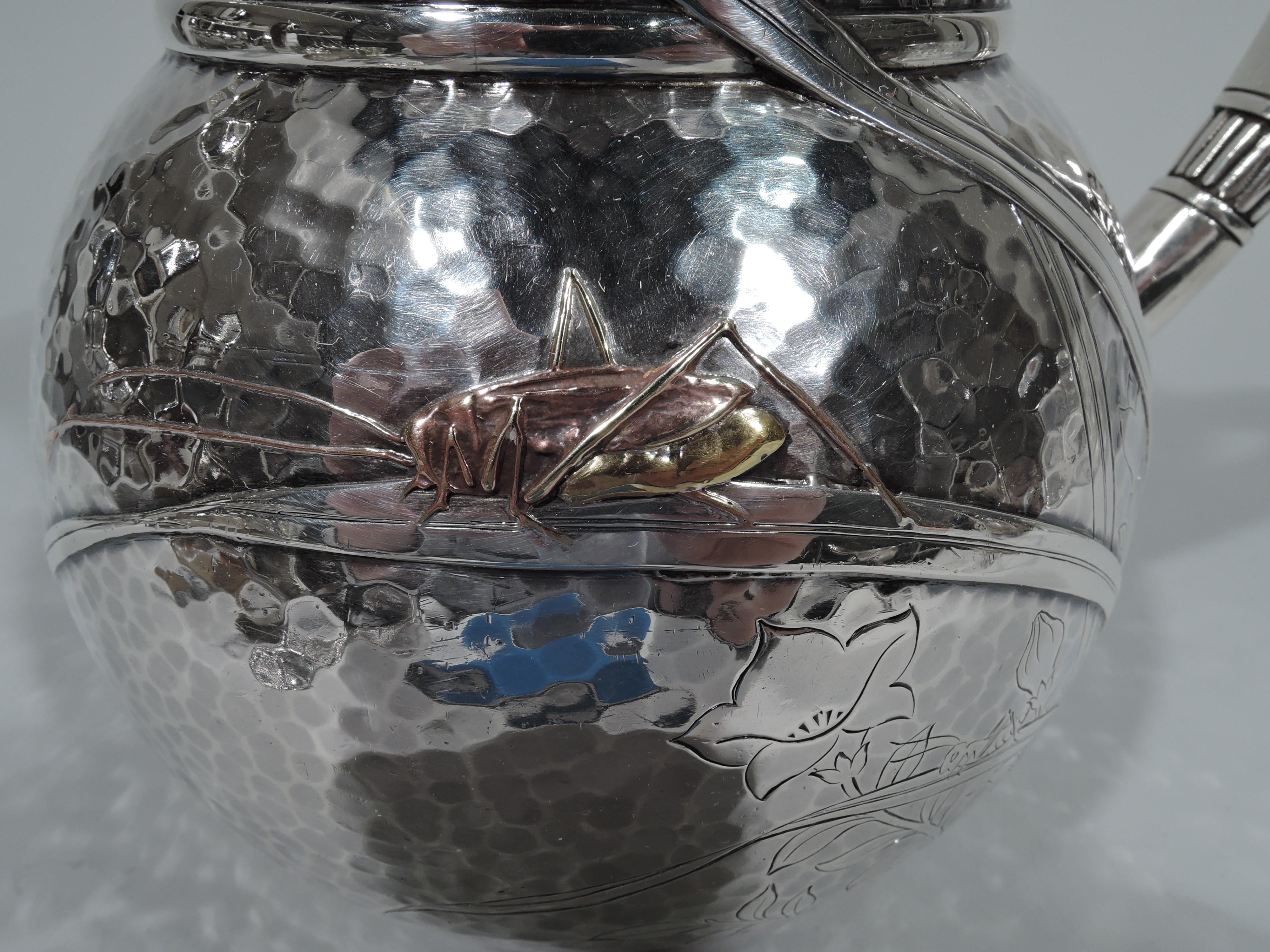 Japonisme Rare Tiffany Mixed Metal Hand Hammered Water Pitcher with Dragonfly For Sale
