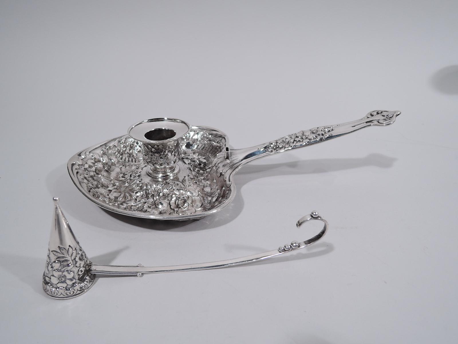 Victorian Rare Tiffany Repousse Sterling Silver Chamberstick with Snuffer